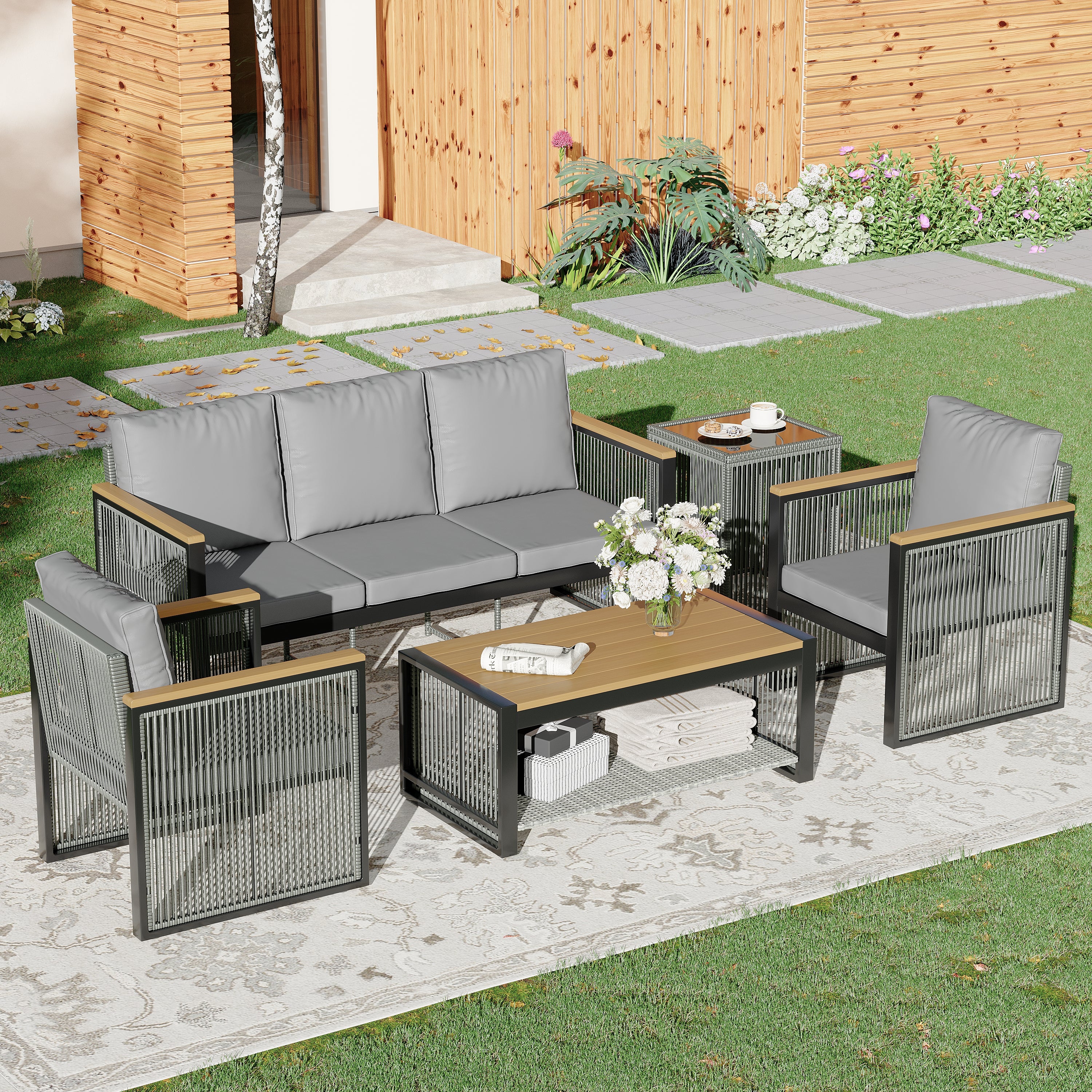 HOMREST 5-Piece Outdoor Sectional Patio Conversation Set with 3-seater sofa for Deck, Lawn, Grey