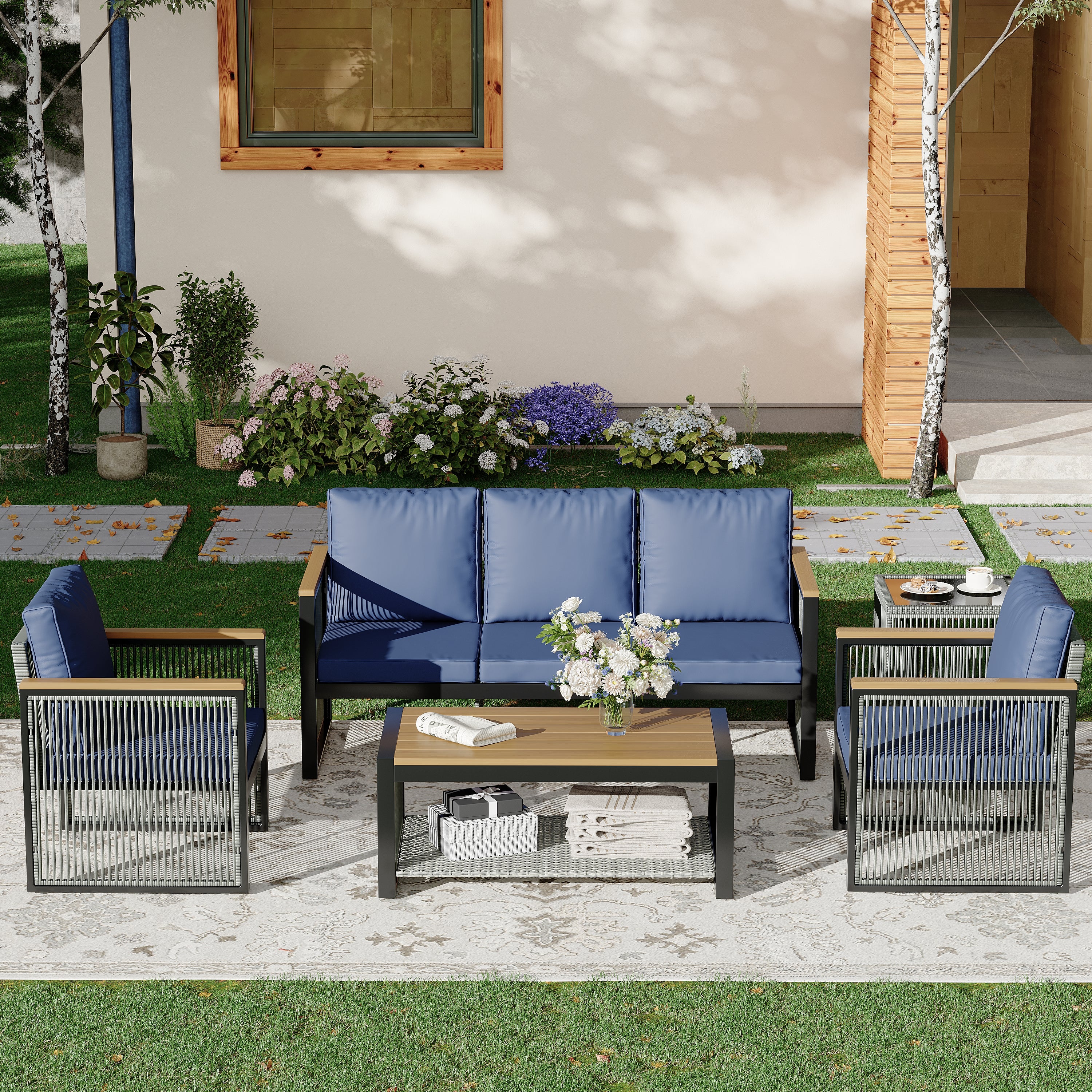 HOMREST 5-Piece Outdoor Sectional Patio Conversation Set with 3-seater sofa for Deck, Lawn, Blue