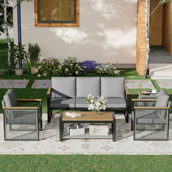 HOMREST 5-Piece Outdoor Sectional Patio Conversation Set with 3-seater sofa for Deck, Lawn, Grey