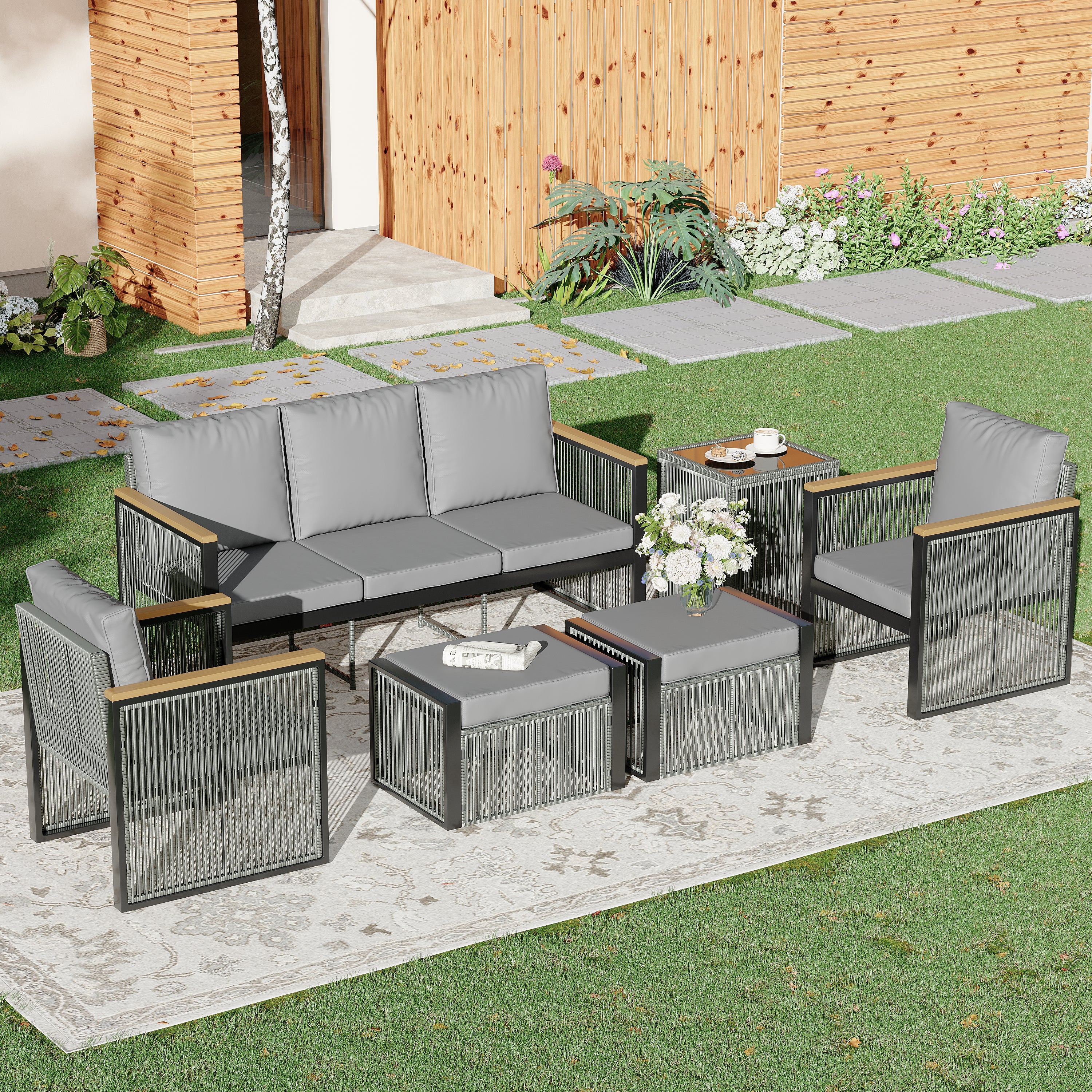 HOMREST 6 Seats Modern Outdoor Conversation Set Sectional Sofa with Coffee Table, Grey