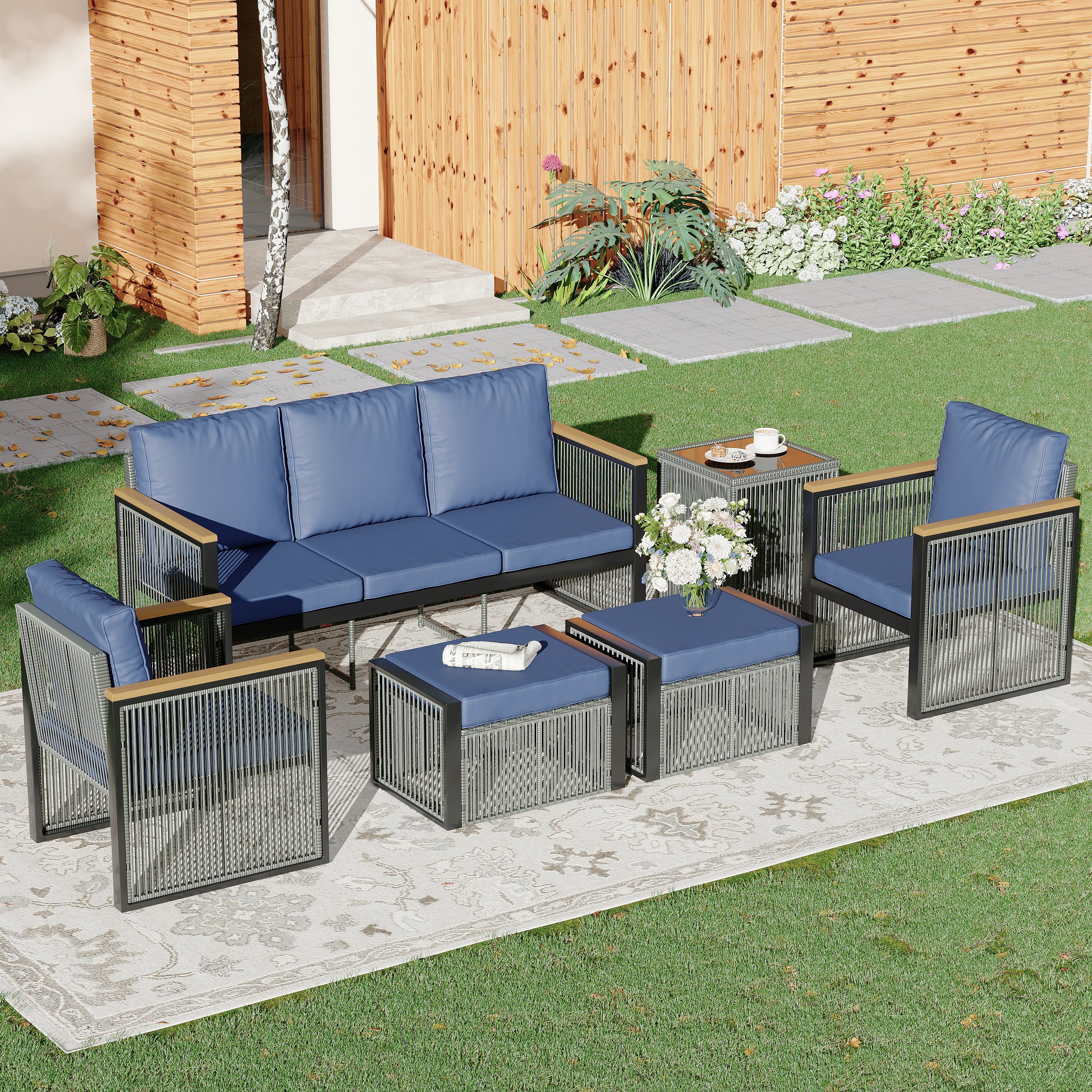 HOMREST 6 Seats Modern Outdoor Conversation Set Sectional Sofa with Coffee Table, Blue