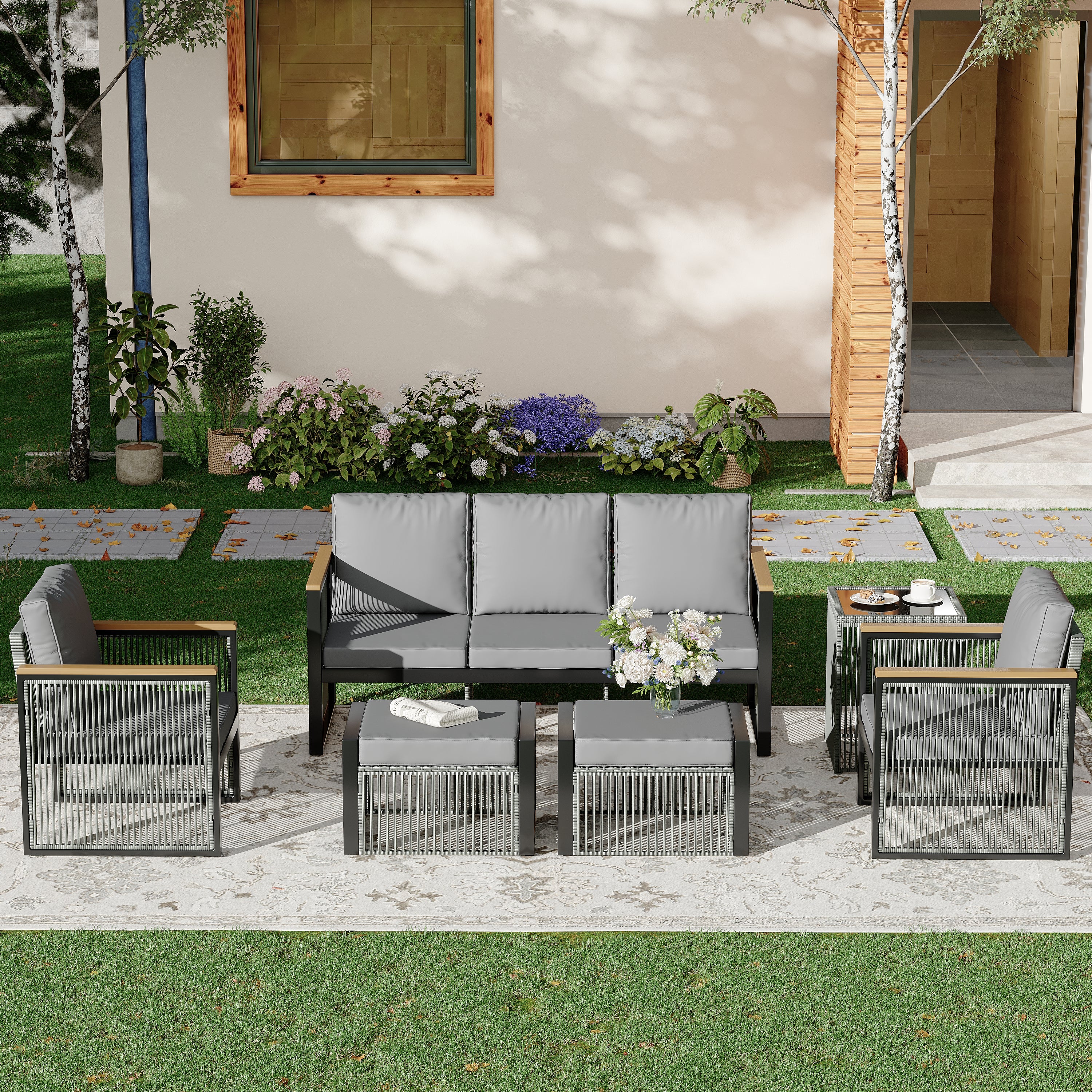 HOMREST 6 Seats Modern Outdoor Conversation Set Sectional Sofa with Coffee Table, Grey