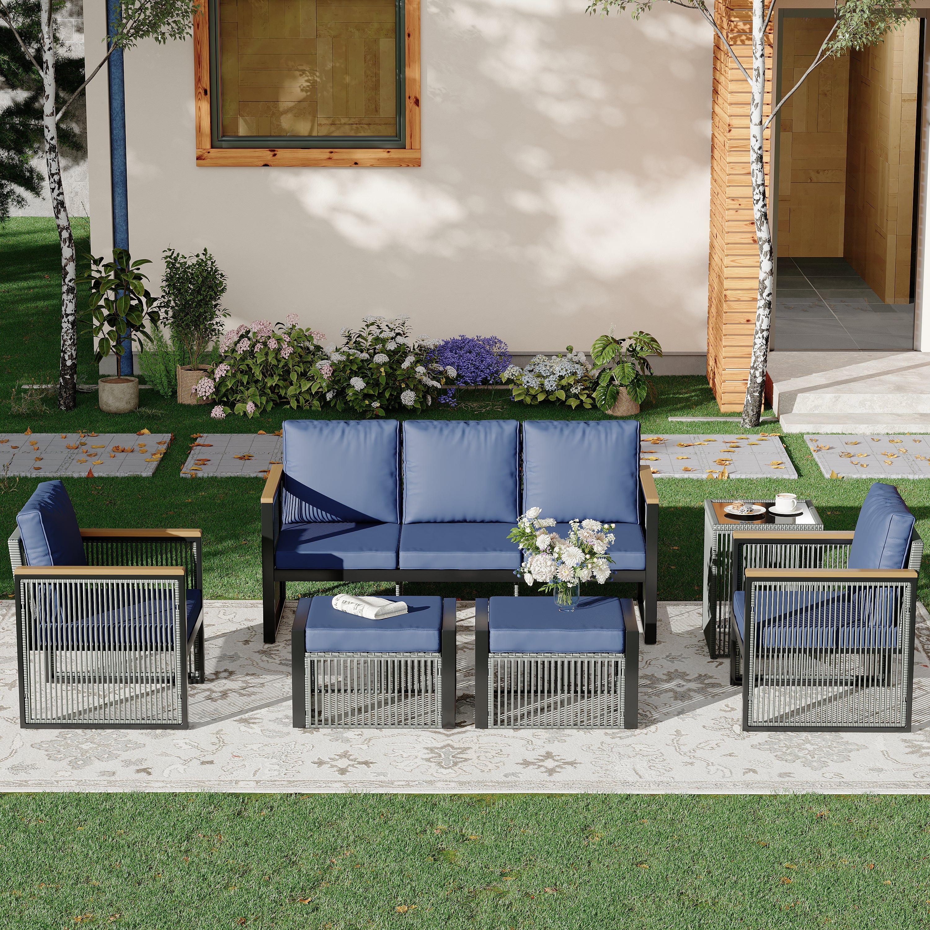 HOMREST 6 Seats Modern Outdoor Conversation Set Sectional Sofa with Coffee Table, Blue