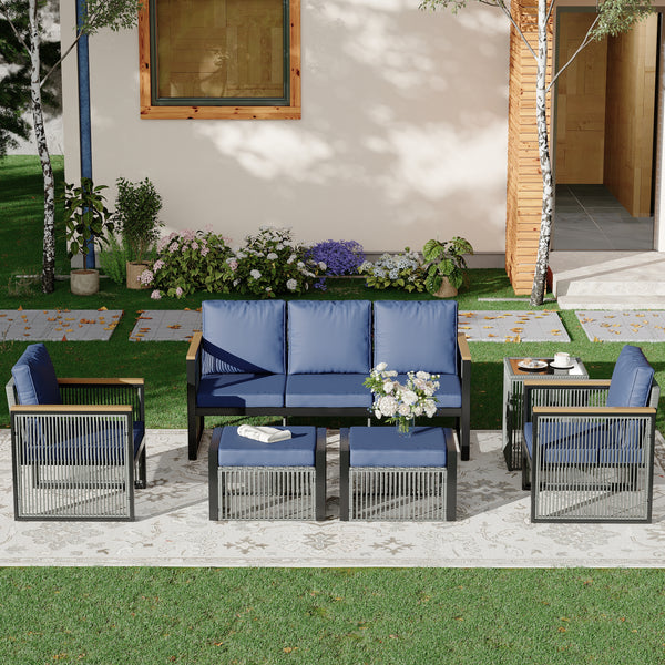 HOMREST 6 Seats Modern Outdoor Conversation Set Sectional Sofa with Coffee Table, Blue