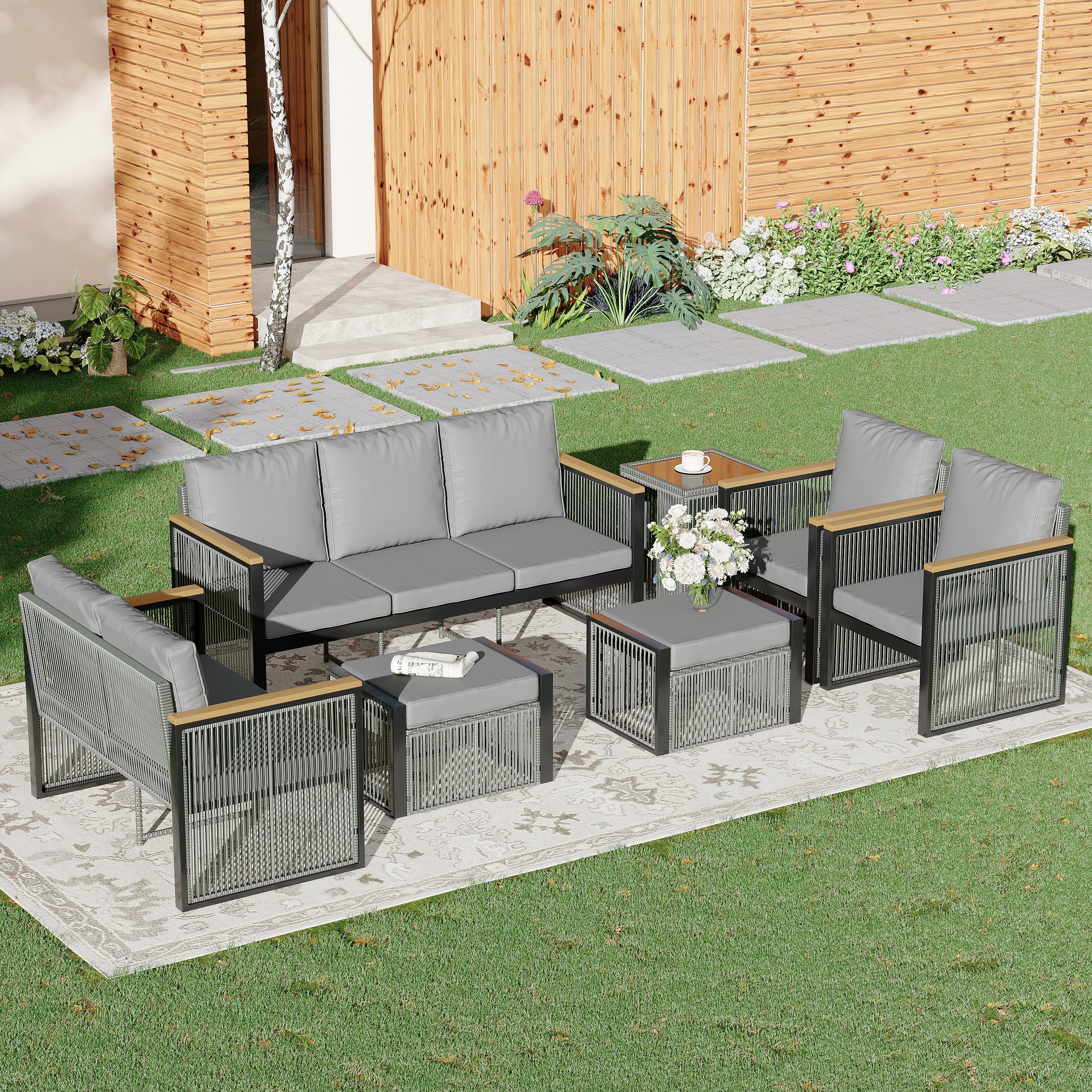 HOMREST 7 Piece Outdoor Sectional Patio Conversation Set, All Weather Outdoor Couch Set Patio Sofa Set for Deck, Lawn, Grey
