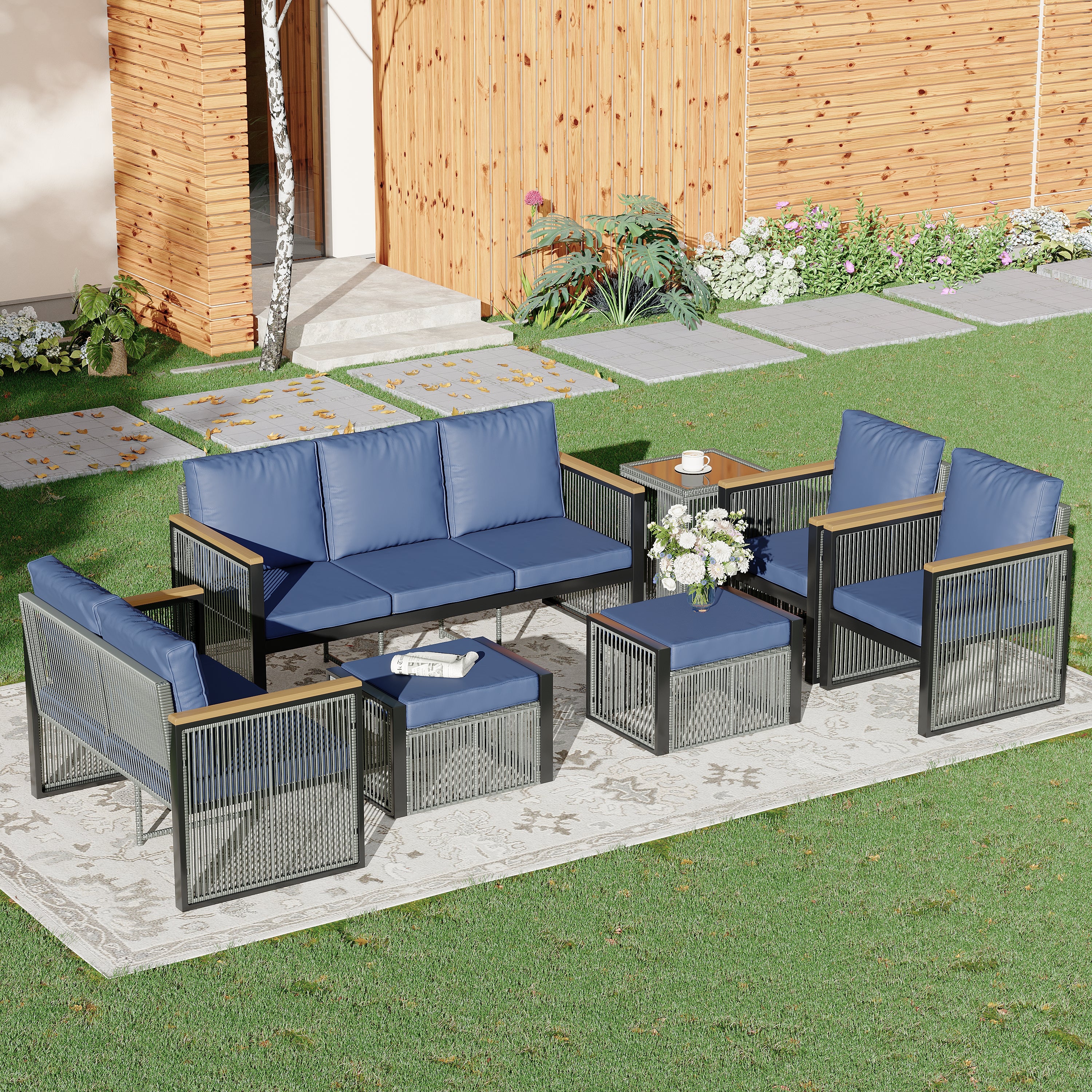 HOMREST 7 Piece Outdoor Sectional Patio Conversation Set, All Weather Outdoor Couch Set Patio Sofa Set for Deck, Lawn, Blue