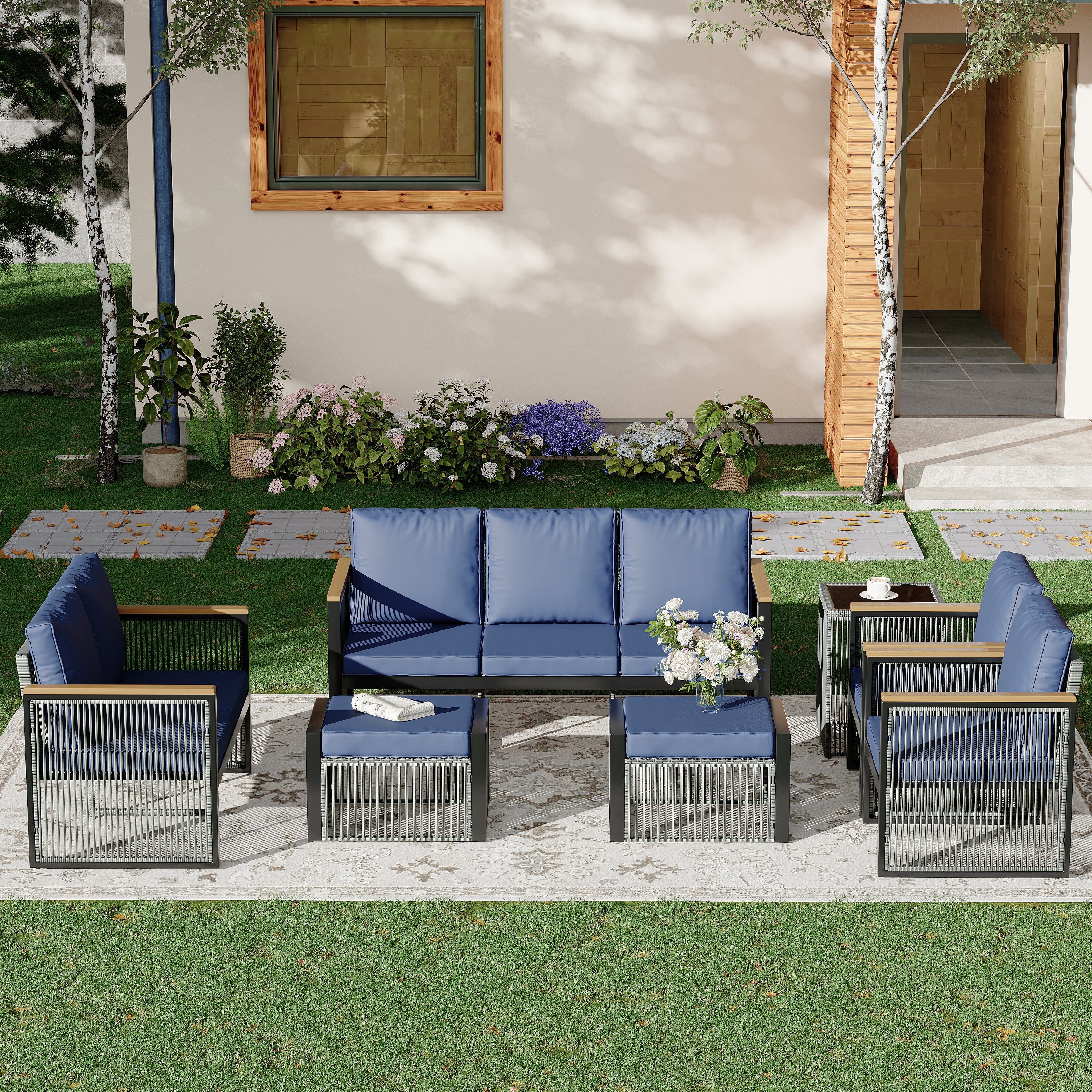 HOMREST 7 Piece Outdoor Sectional Patio Conversation Set, All Weather Outdoor Couch Set Patio Sofa Set for Deck, Lawn, Blue