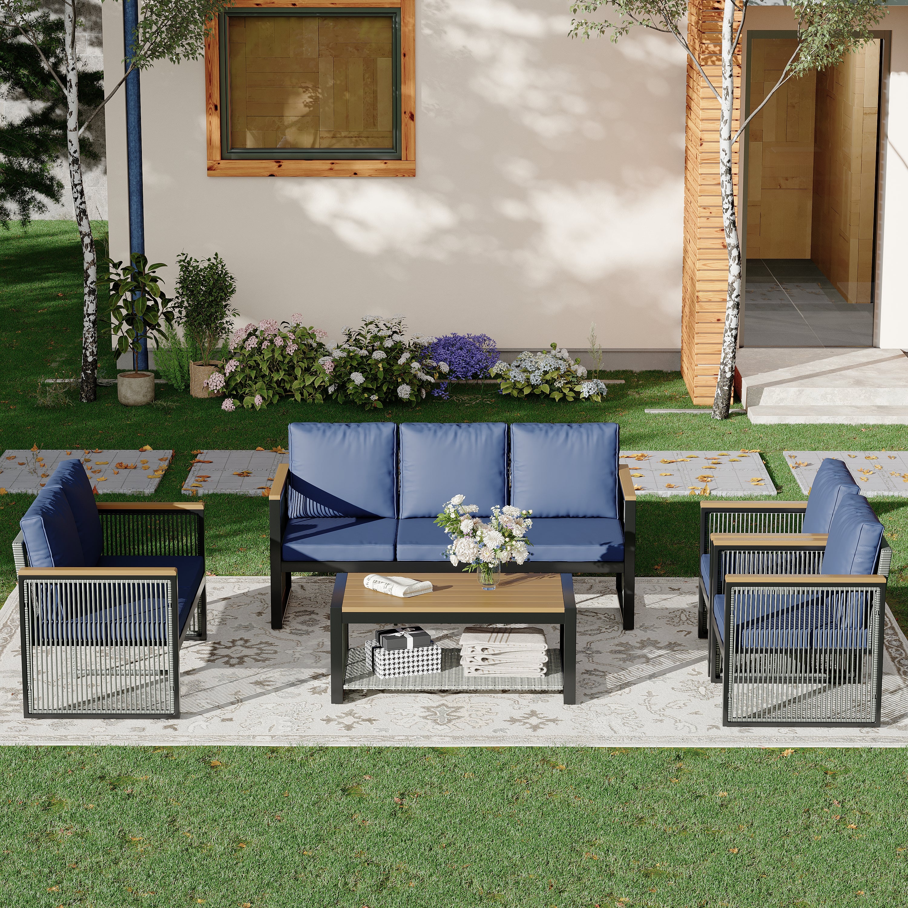 HOMREST 5 Pieces Patio Set Outdoor Furniture Sets Modern Chair Conversation Sets with Coffee Table for Yard and Bistro, Blue