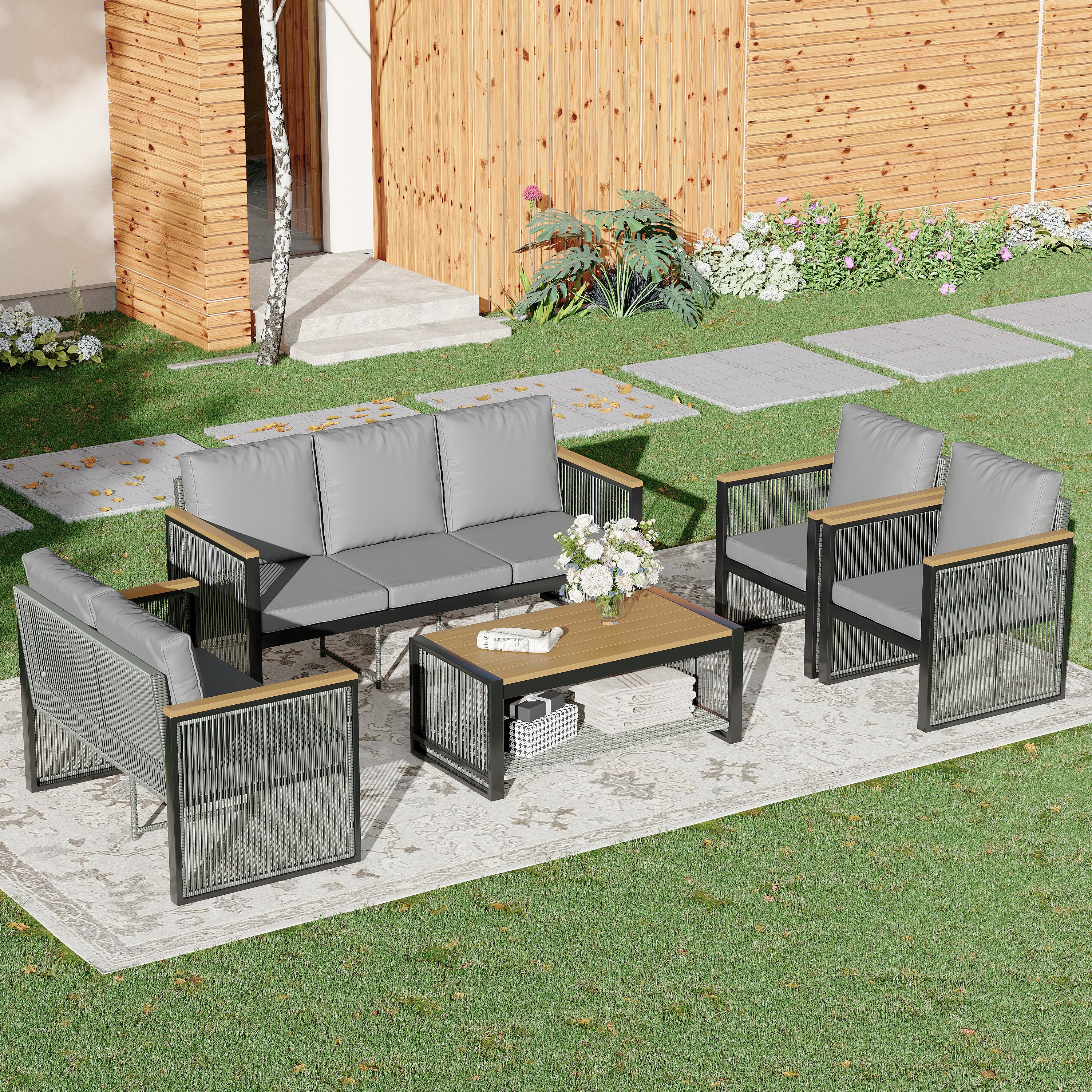HOMREST 5 Pieces Patio Set Outdoor Furniture Sets Modern Chair Conversation Sets with Coffee Table for Yard and Bistro, Grey
