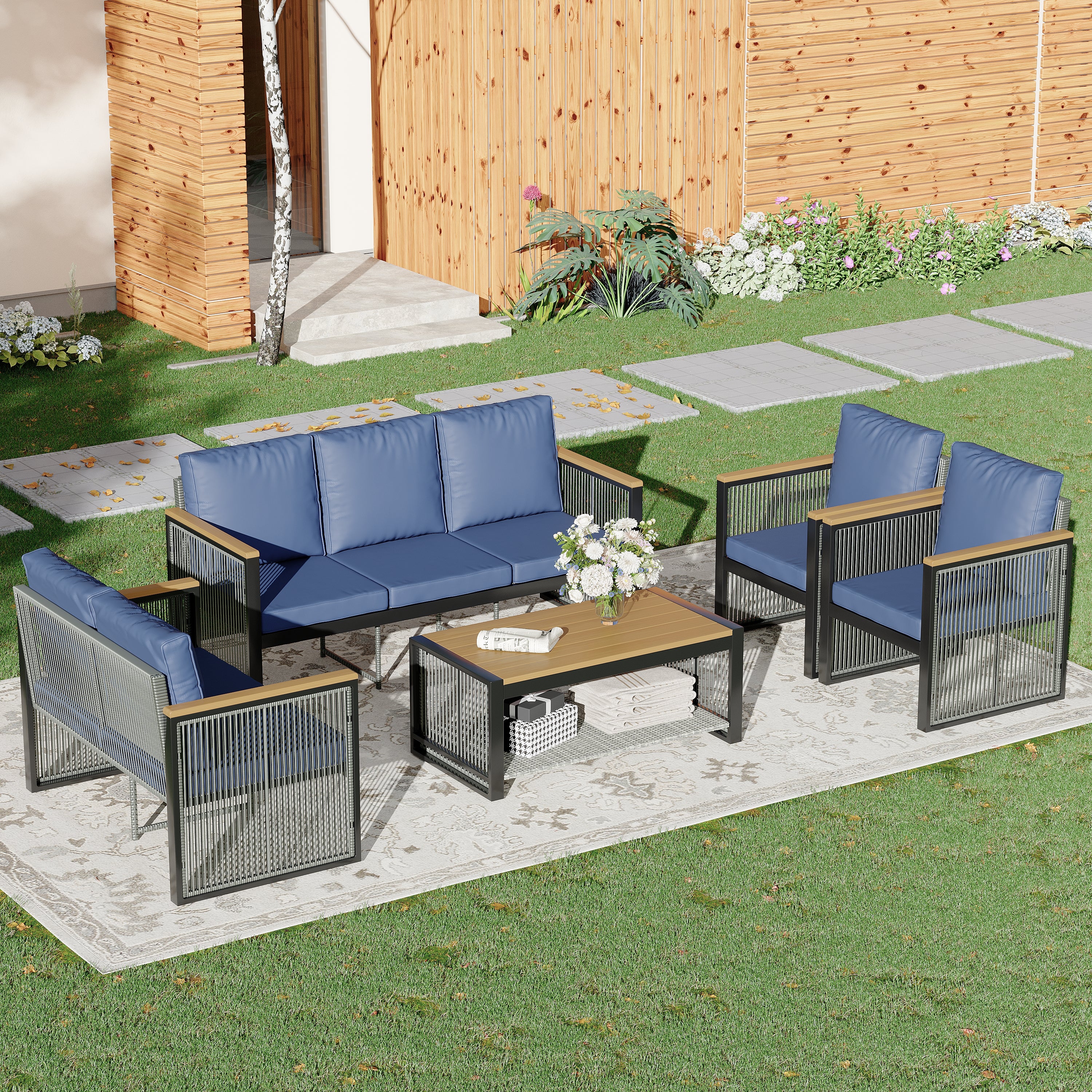 HOMREST 5 Pieces Patio Set Outdoor Furniture Sets Modern Chair Conversation Sets with Coffee Table for Yard and Bistro, Blue