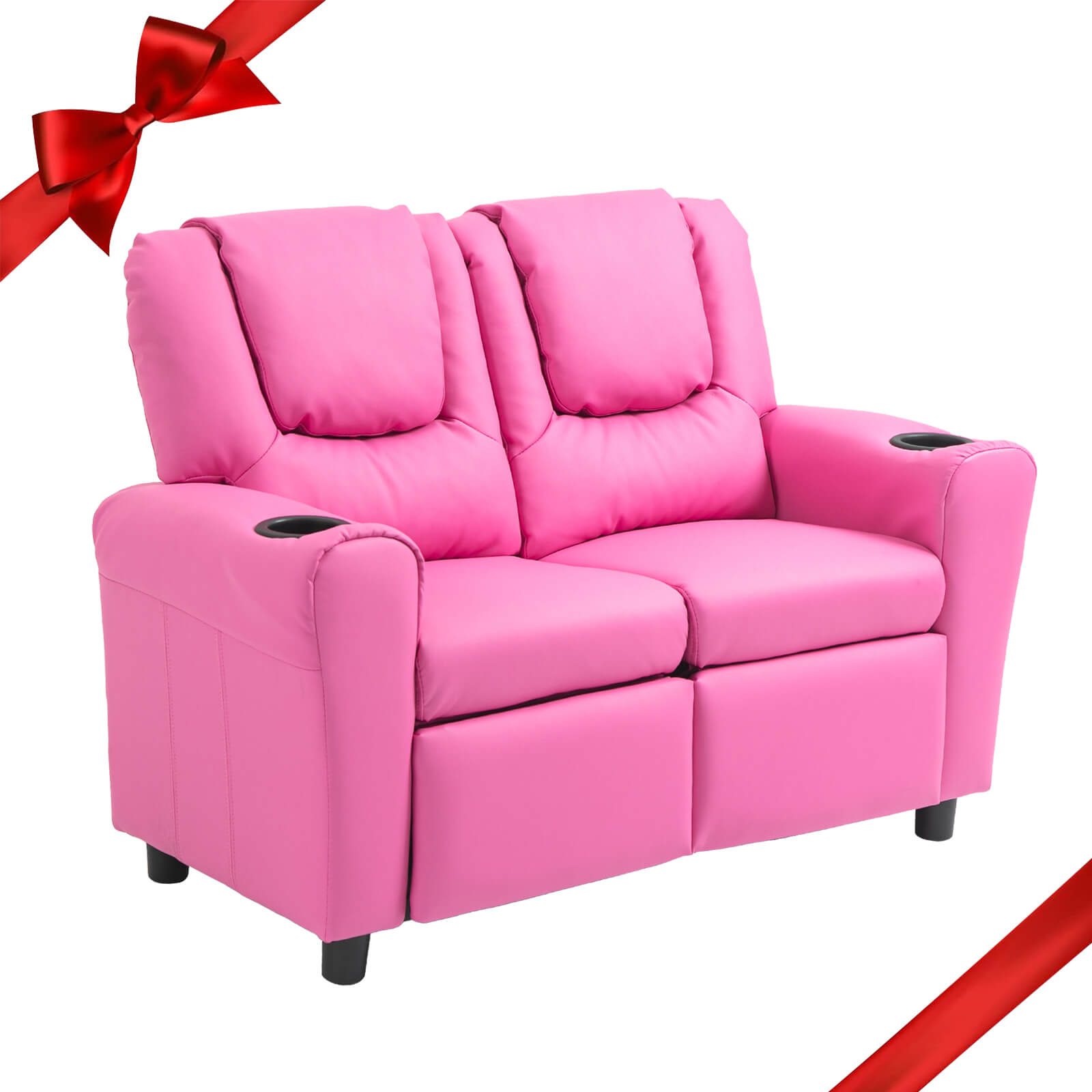 HOMREST Kids Recliner Chair, Double Kids Sofa Chair w/Cup Holder PU Leather, Toddler Loveseat Couch w/Adjustable Footrest & Headres for Boys Girls 3+ Age Group, Pink