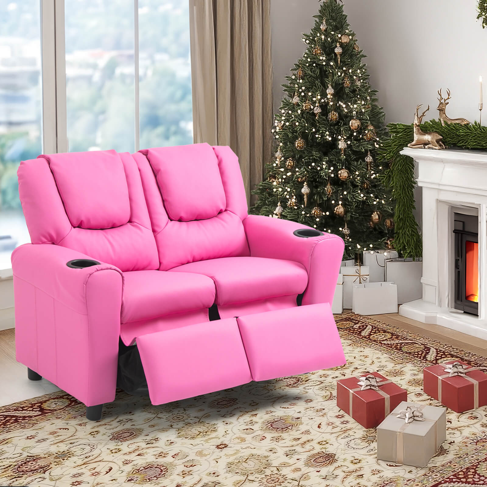HOMREST Kids Recliner Chair, Double Kids Sofa Chair w/Cup Holder PU Leather, Toddler Loveseat Couch w/Adjustable Footrest & Headres for Boys Girls 3+ Age Group, Pink
