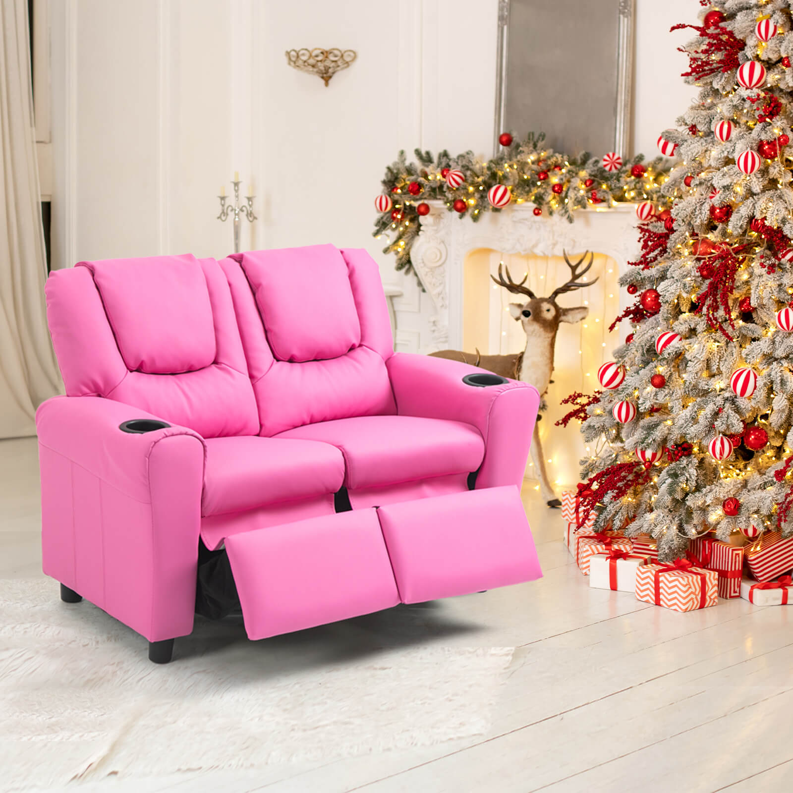 HOMREST Kids Recliner Chair, Double Kids Sofa Chair w/Cup Holder PU Leather, Toddler Loveseat Couch w/Adjustable Footrest & Headres for Boys Girls 3+ Age Group, Pink
