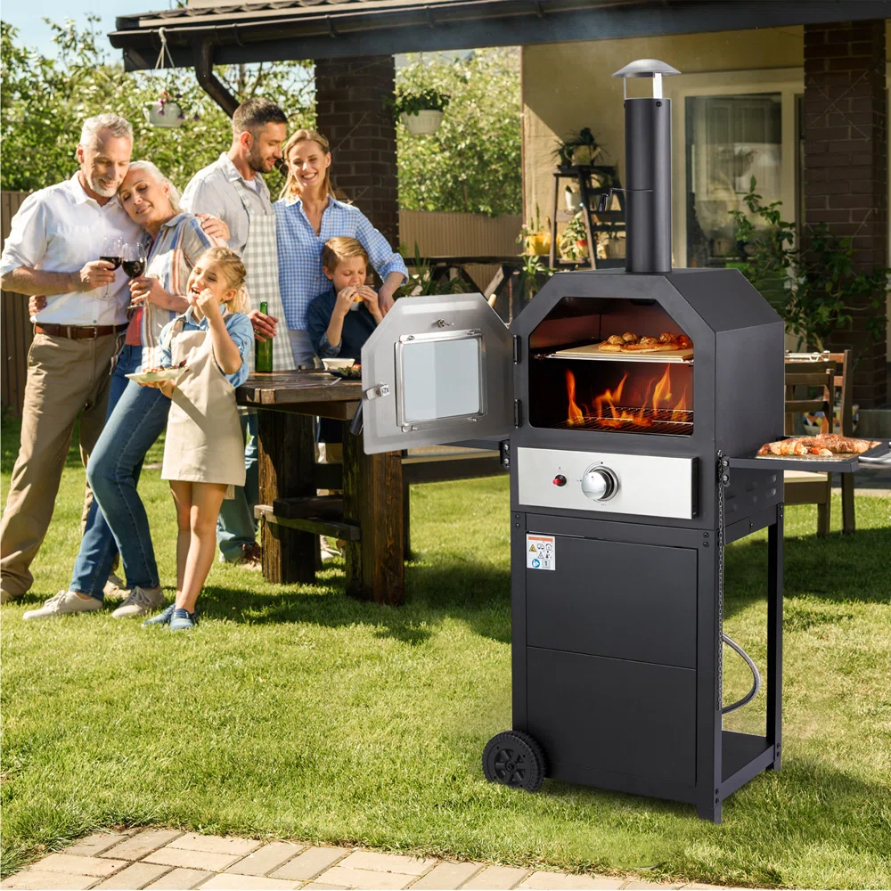 HOMREST Freestanding Outdoor 12" Gas Pizza Oven, CSA Approved Portable Propane Pizza Oven with 2 Foldable Shelves and Wheels