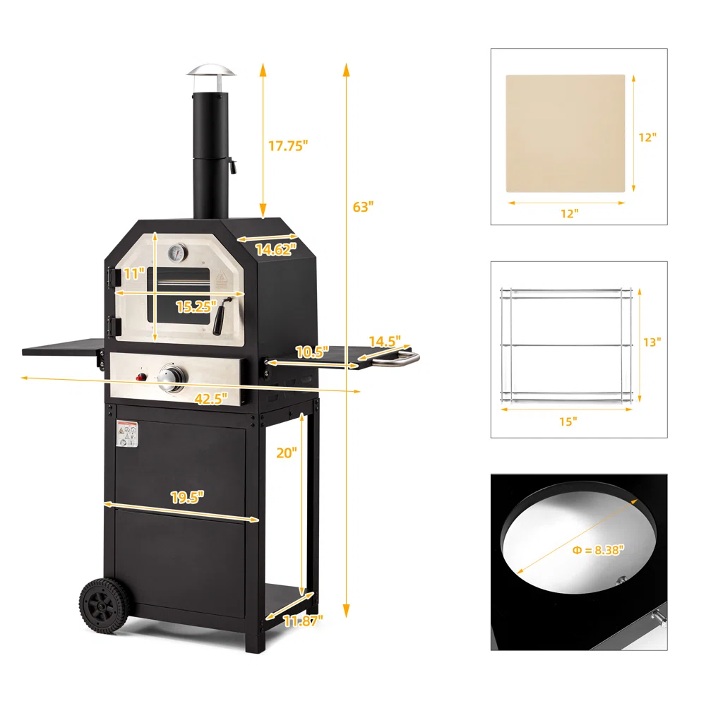 HOMREST Freestanding Outdoor 12" Gas Pizza Oven, CSA Approved Portable Propane Pizza Oven with 2 Foldable Shelves, Wheels and Cover