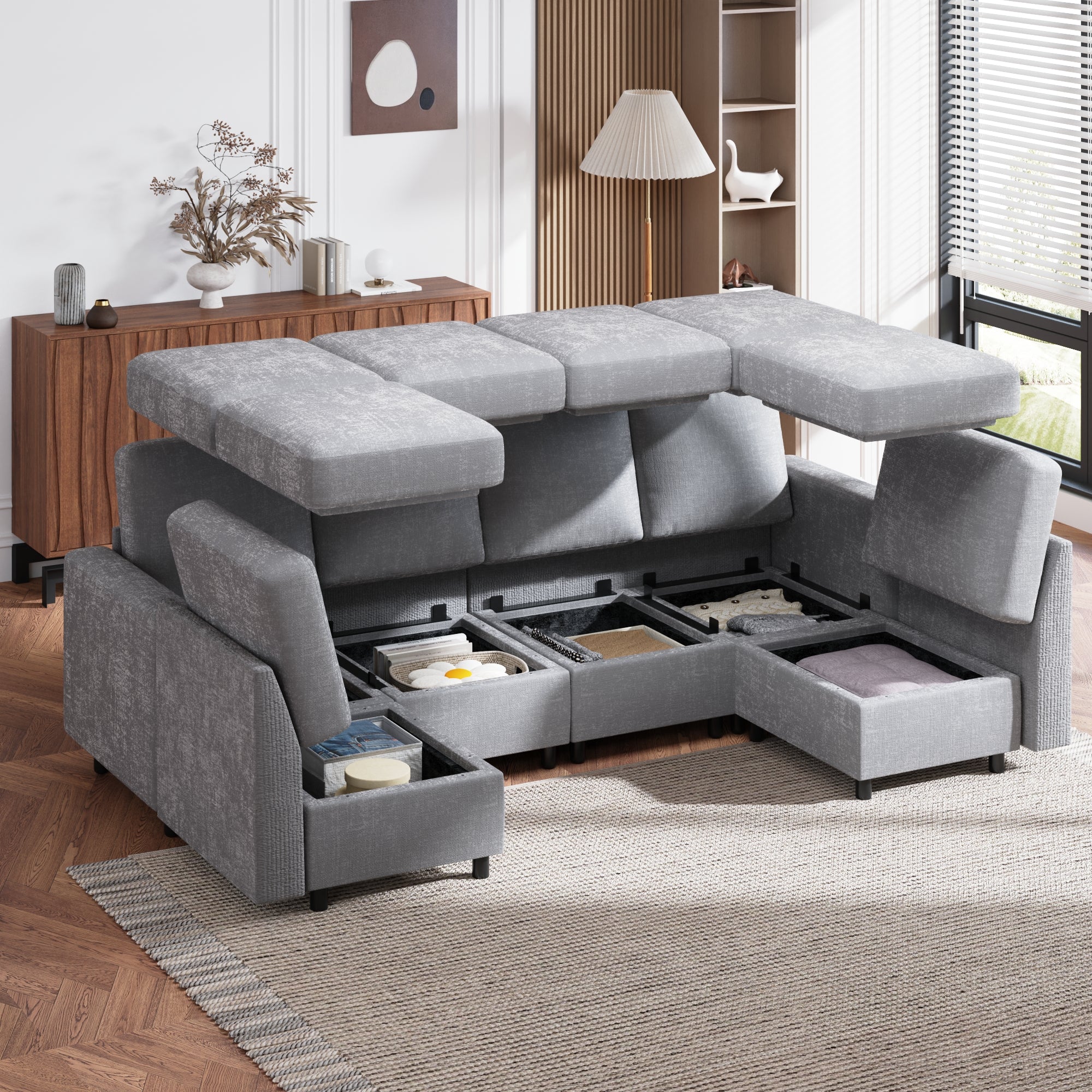 Homrest 6  Piece Modular Sectional Couch with Storage for Living Room, Light Grey