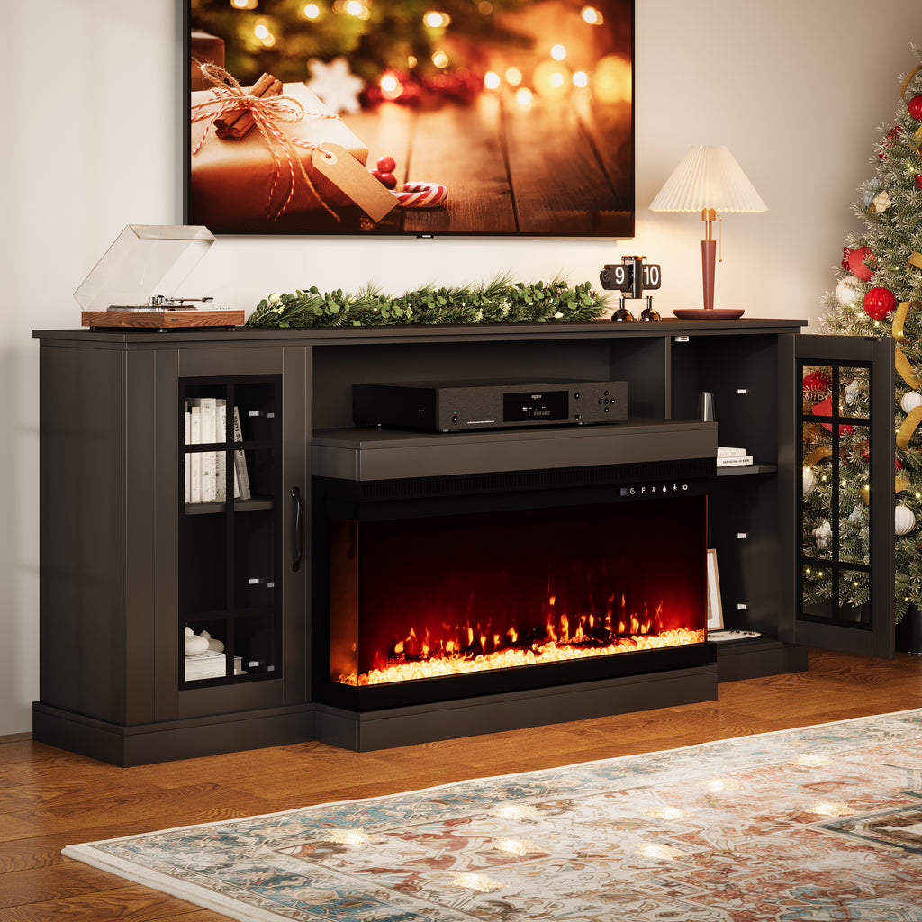 HOMREST 70" 3-Sided Glass Fireplace TV Stand, 12 Color Flames,Fits TVs up to 80",  Black