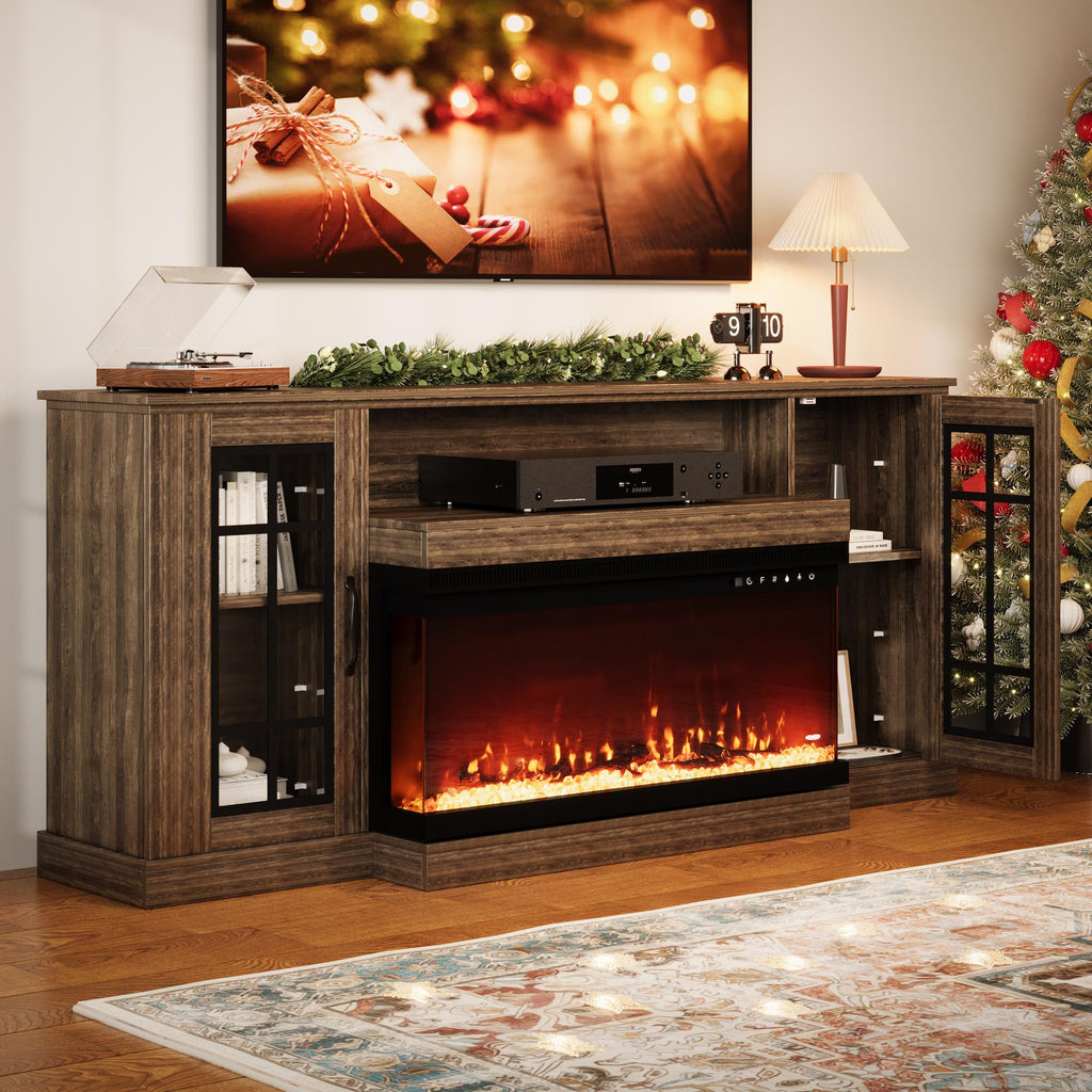HOMREST 70 Inch 3-Sided Glass Fireplace TV Stand, 12 Color Flames, Fits TVs up to 80", Walnut