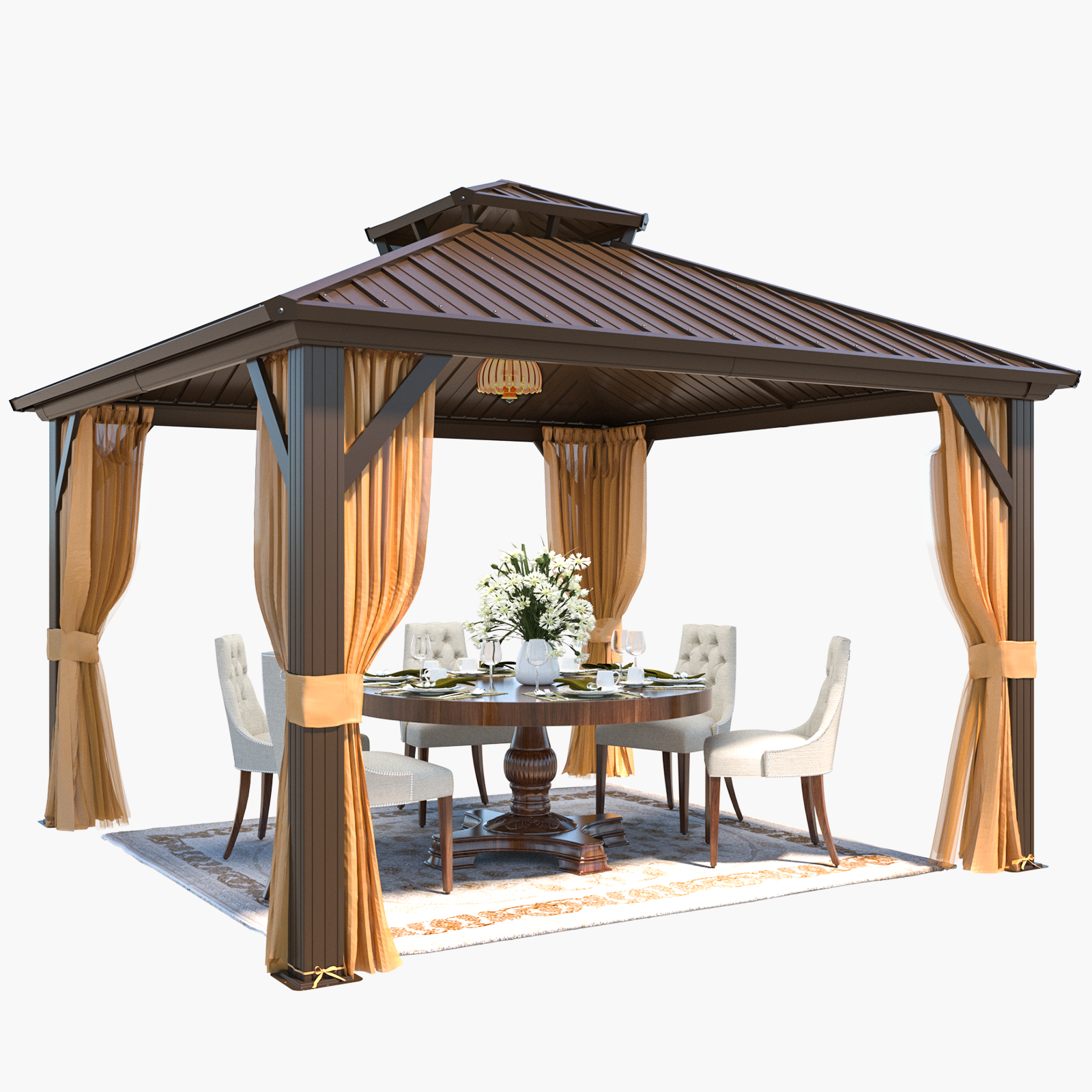 Homrest 12X12 Hardtop Gazebo, Aluminum Frame Gazebos with Galvanized Steel Double Roof, Permanent Outdoor Metal Pavilion with Curtain and Netting for Patio, Lawn, Deck