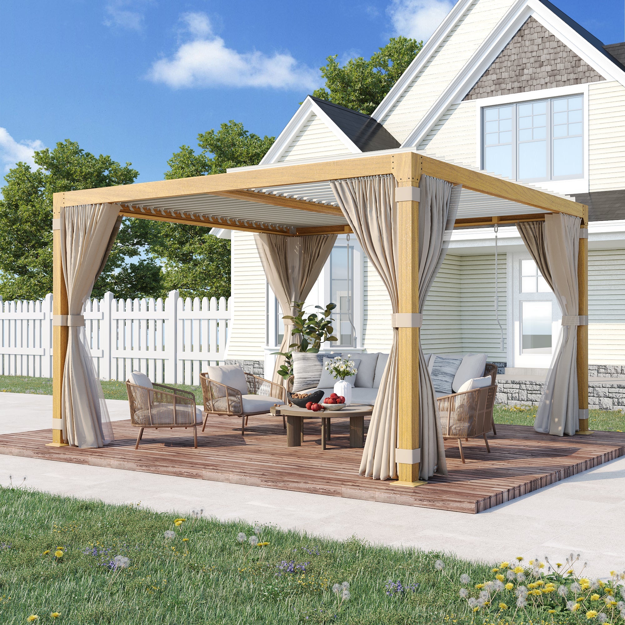 HOMREST Louvered Pergola 12x12 Outdoor Hard Top Pergola with Aluminum Frame and Adjustable Metal Rainproof Roof for Garden & Patio, Curtains and Netting Included, Wood Grain