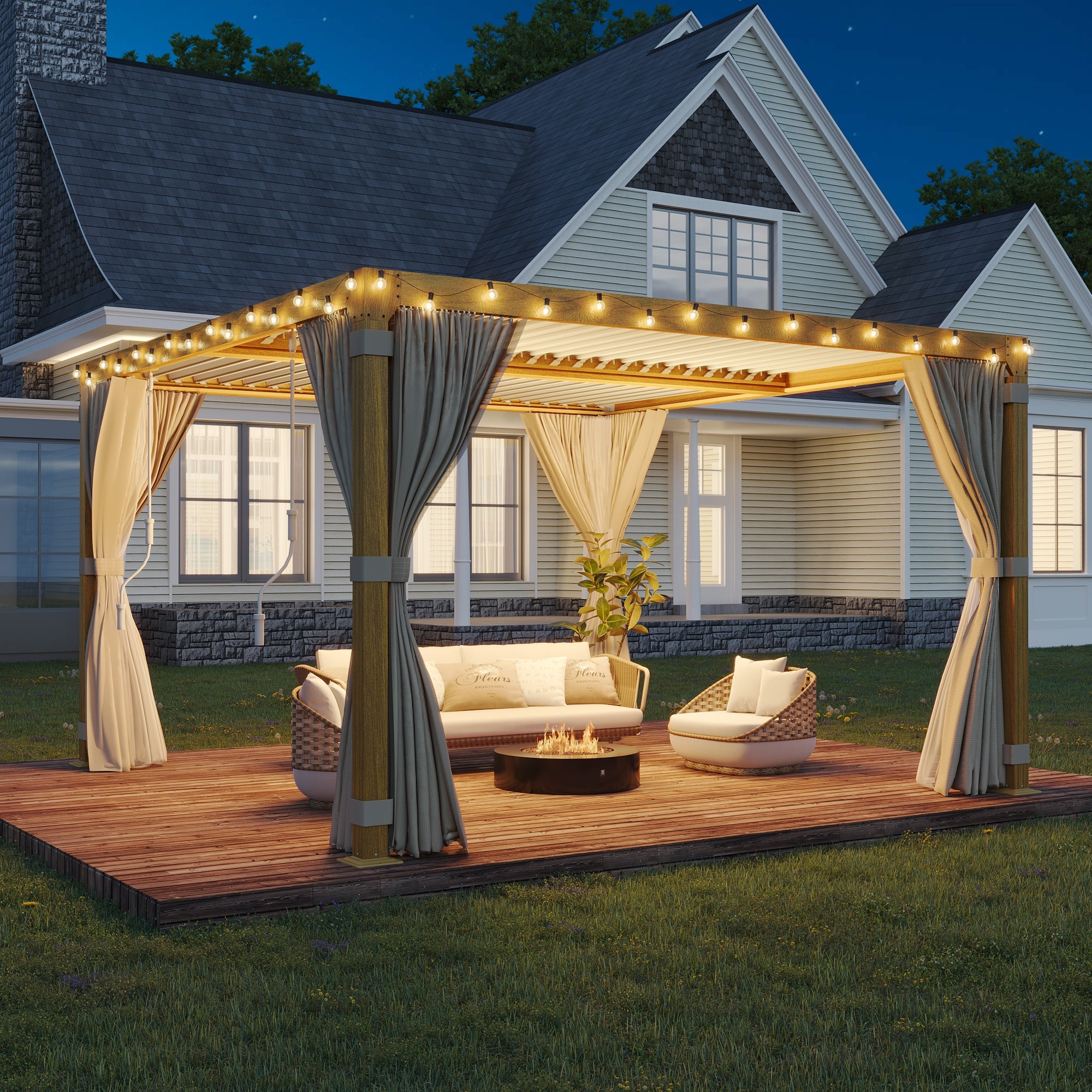 HOMREST Louvered Pergola 12x12 Outdoor Hard Top Pergola with Aluminum Frame and Adjustable Metal Rainproof Roof for Garden & Patio, Curtains and Netting Included, Wood Grain