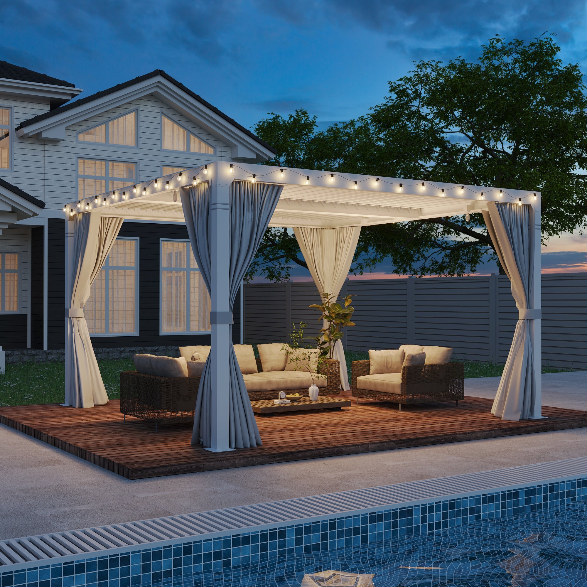 HOMREST Louvered Pergola 12x12 Outdoor Hard Top Pergola with Aluminum Frame and Adjustable Metal Rainproof Roof for Garden & Patio, Curtains and Netting Included, White