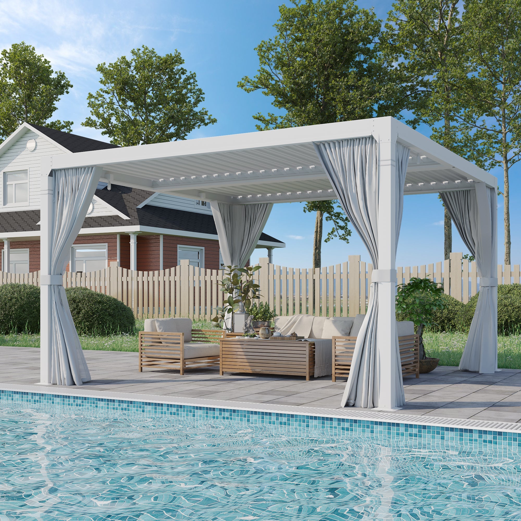 HOMREST Louvered Pergola 12x12 Outdoor Hard Top Pergola with Aluminum Frame and Adjustable Metal Rainproof Roof for Garden & Patio, Curtains and Netting Included, White
