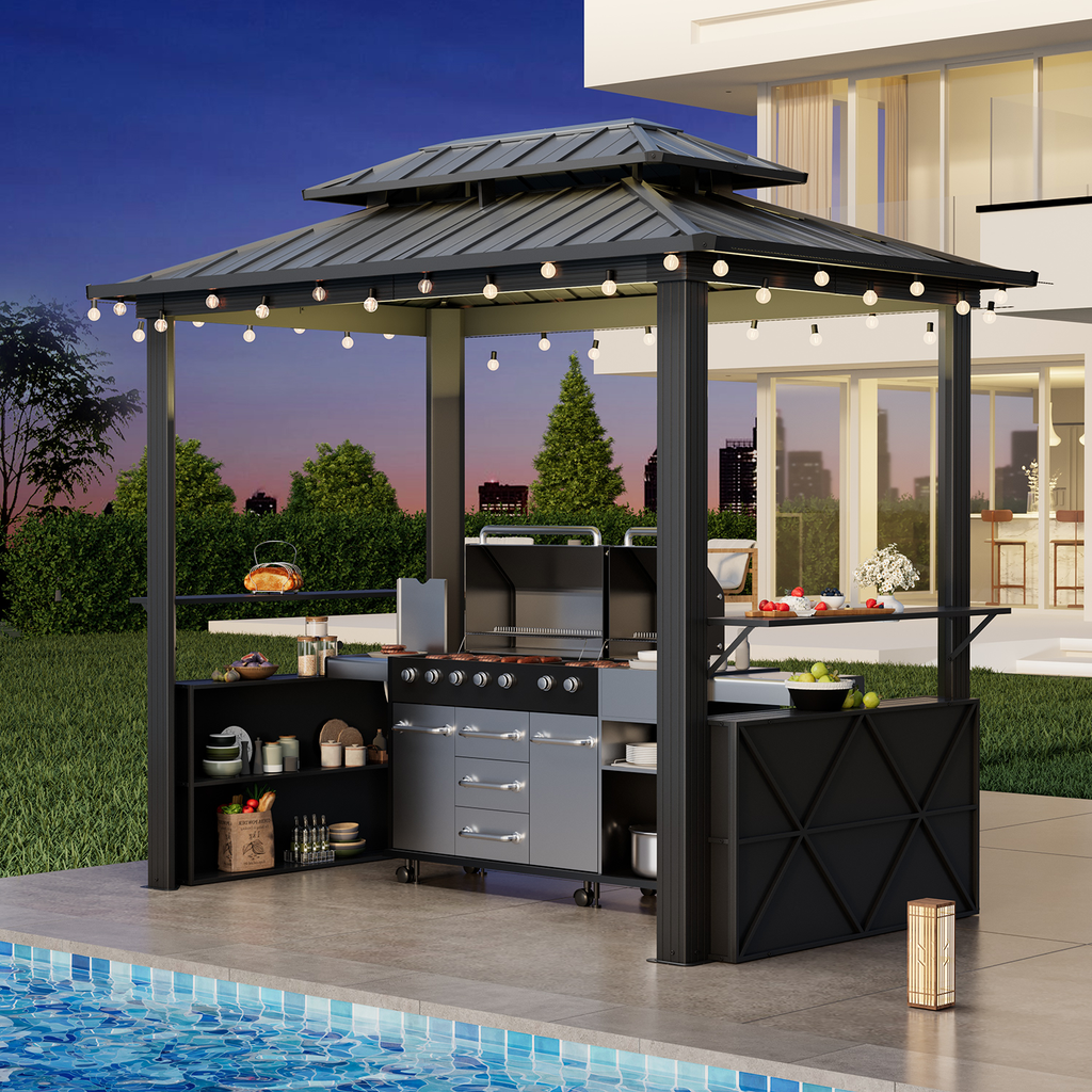 HOMREST 8x6 FT Outdoor Grill Gazebo with Double Steel Roof