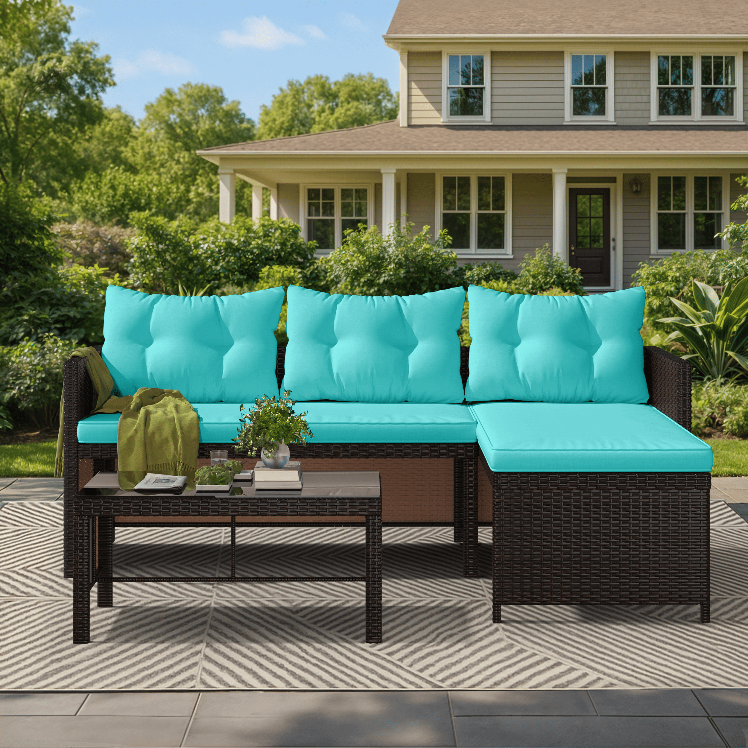 HOMREST 3 Piece Outdoor Patio Furniture Set, All-Weather PE Rattan Sofa Set with Glass Table & Cushions, Blue