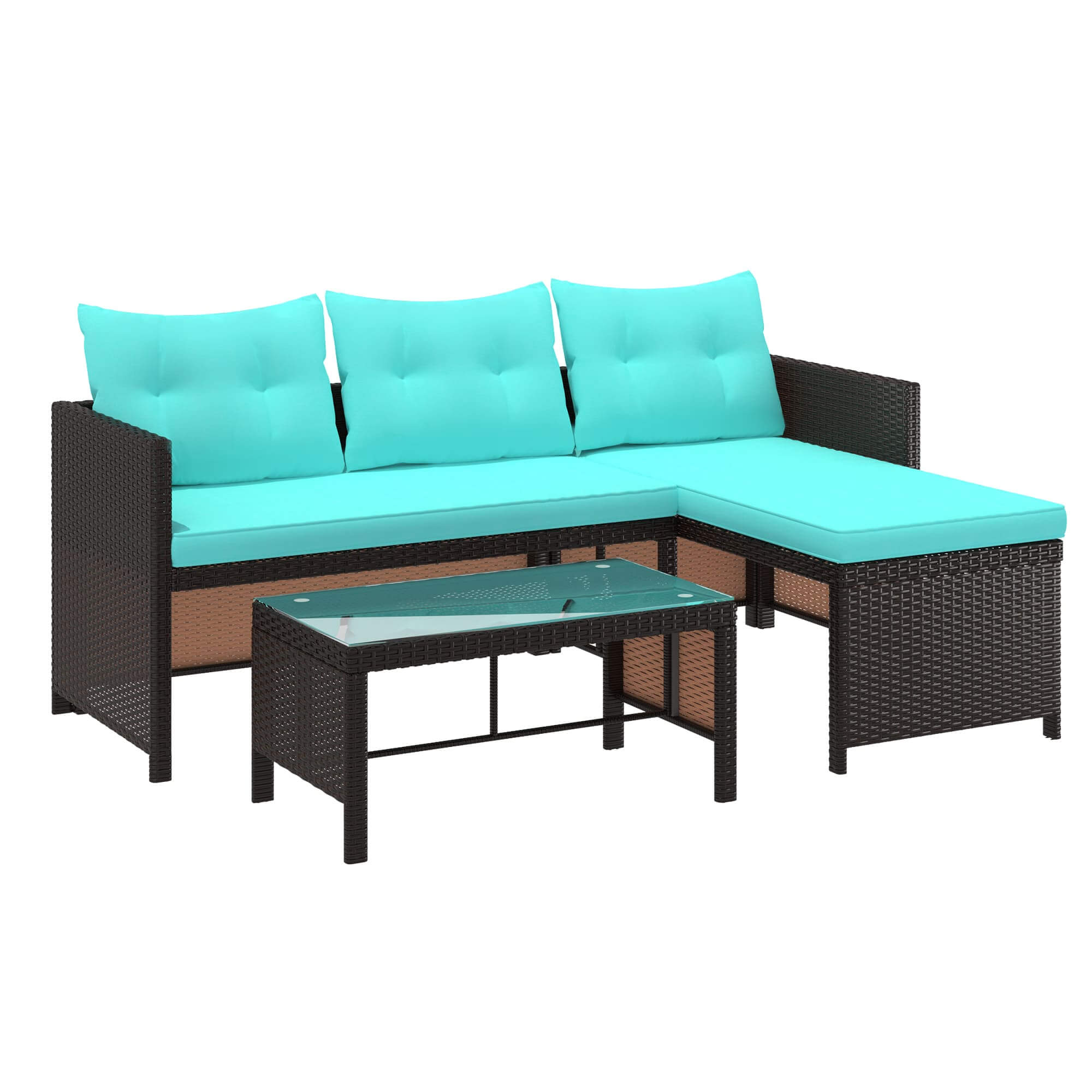 HOMREST 3 Piece Outdoor Patio Furniture Set, All-Weather PE Rattan Sofa Set with Glass Table & Cushions, Blue