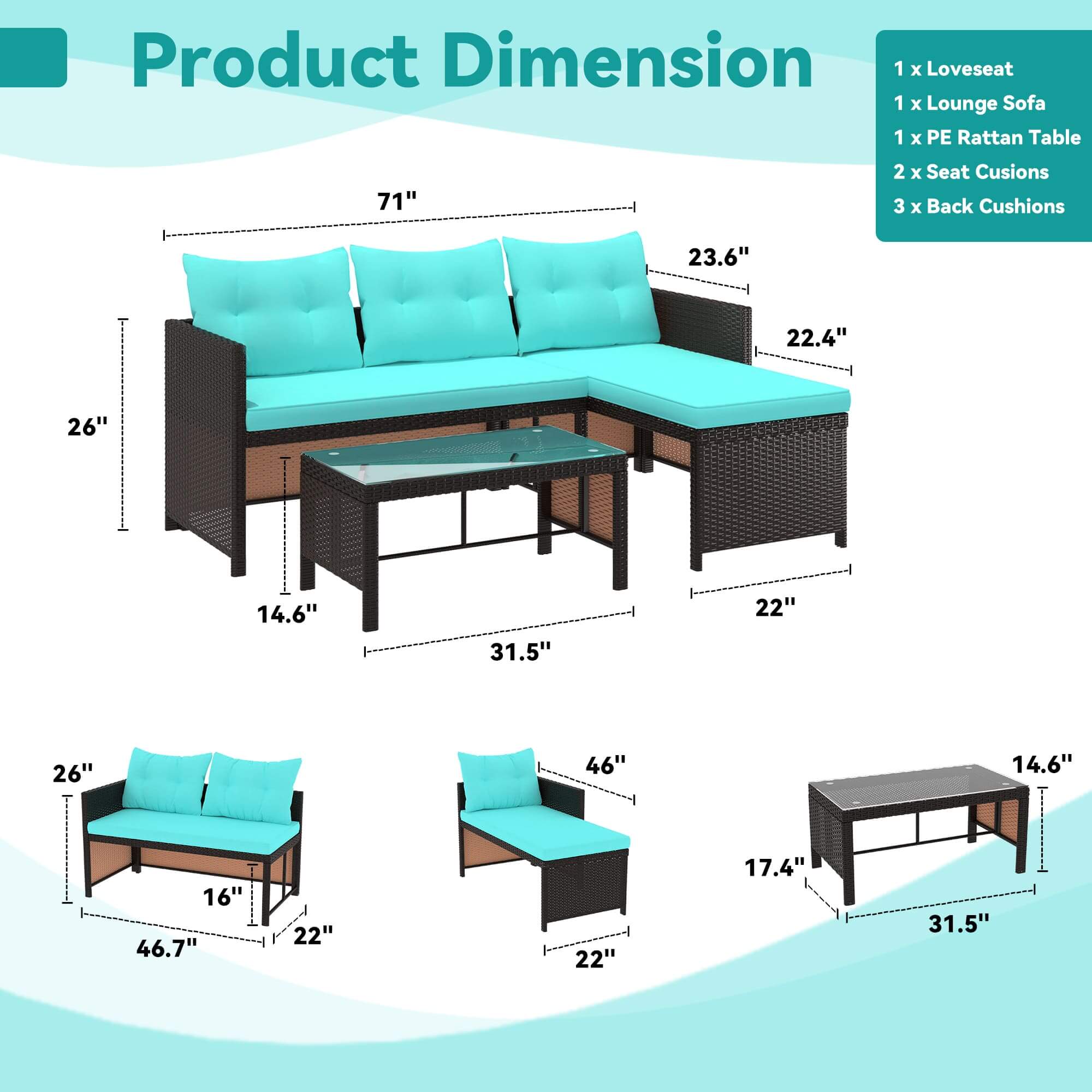 HOMREST 3 Piece Outdoor Patio Furniture Set, All-Weather PE Rattan Sofa Set with Glass Table & Cushions, Blue