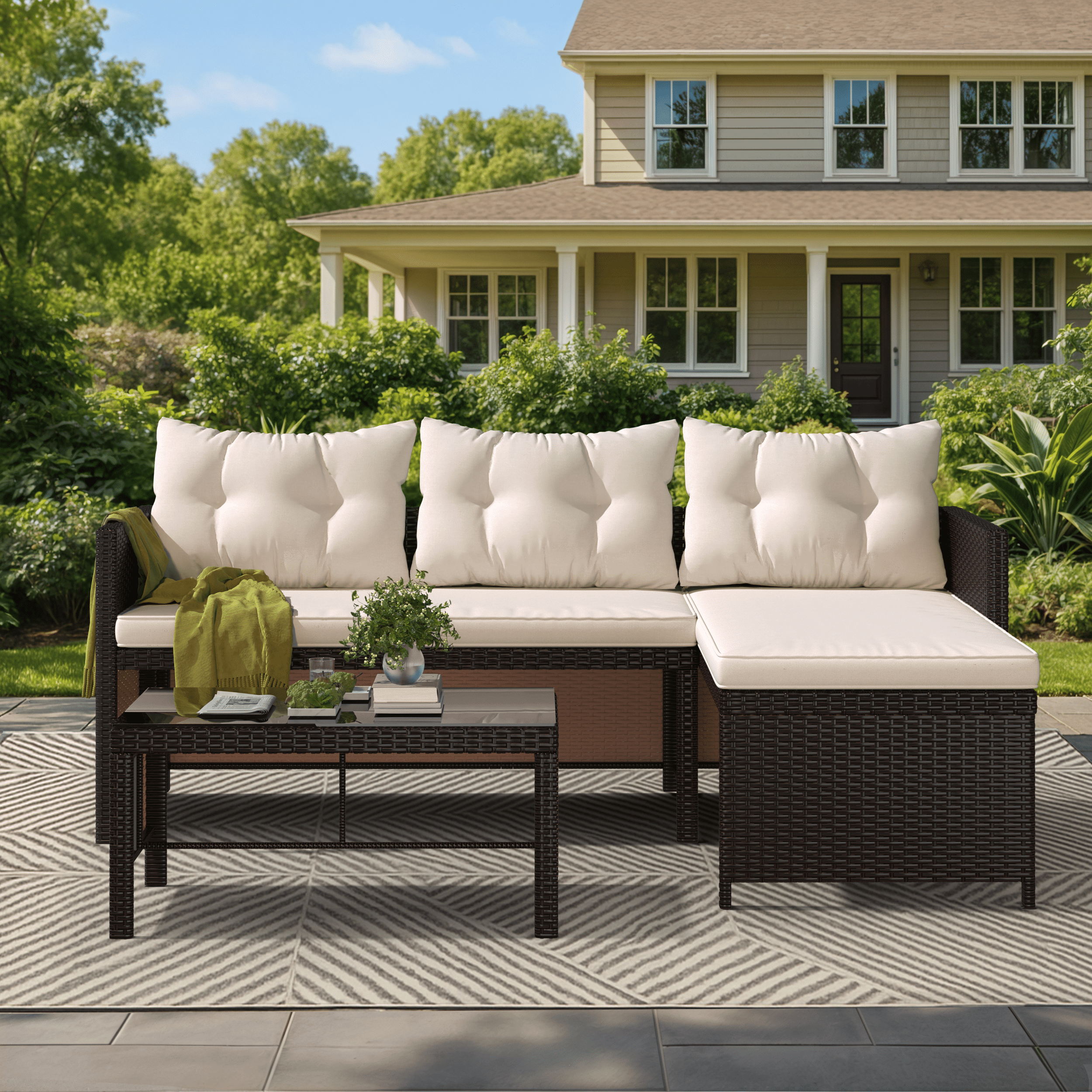 HOMREST 3 Piece Outdoor Patio Furniture Set, All-Weather PE Rattan Sofa Set with Glass Table & Cushions, Khaki
