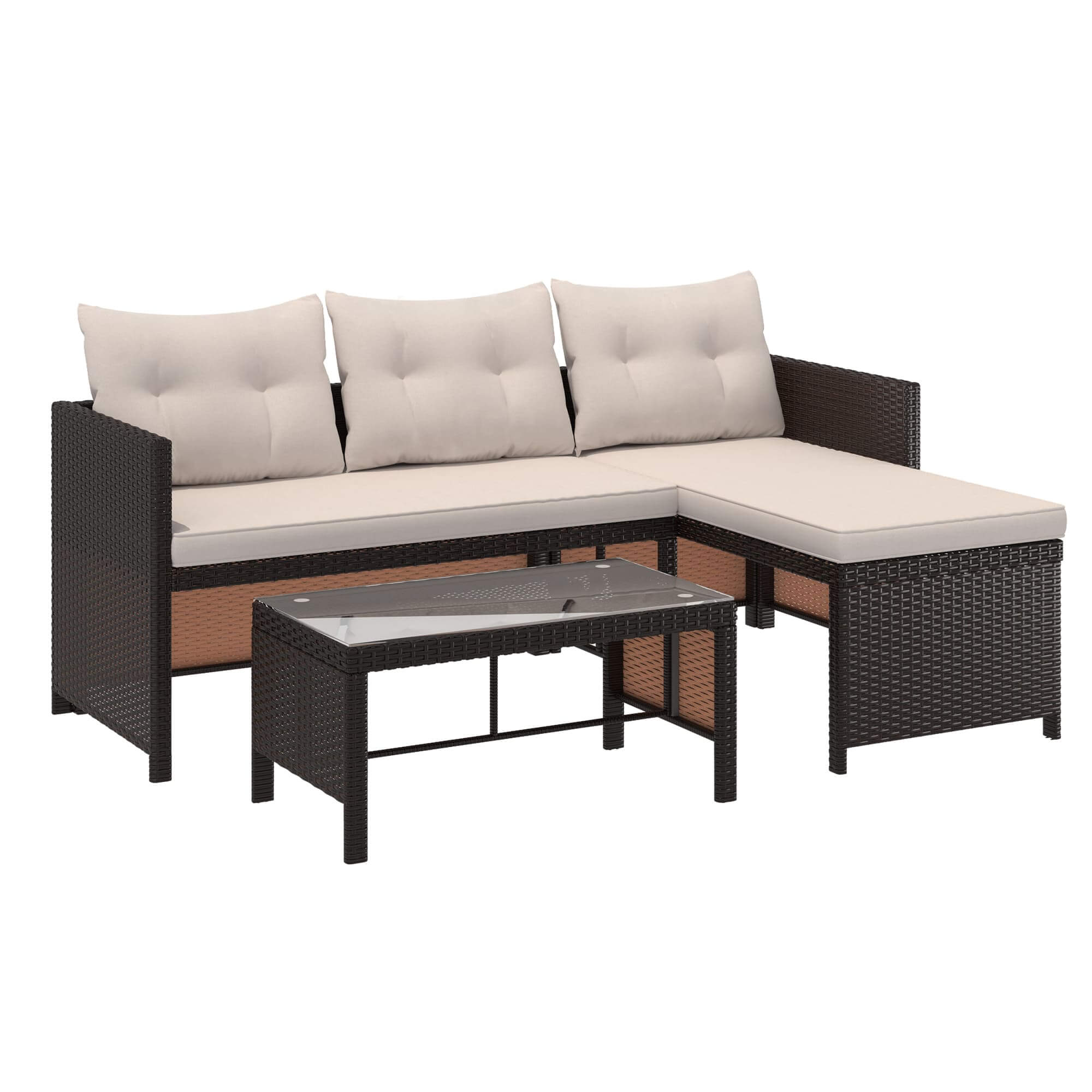 HOMREST 3 Piece Outdoor Patio Furniture Set, All-Weather PE Rattan Sofa Set with Glass Table & Cushions, Khaki
