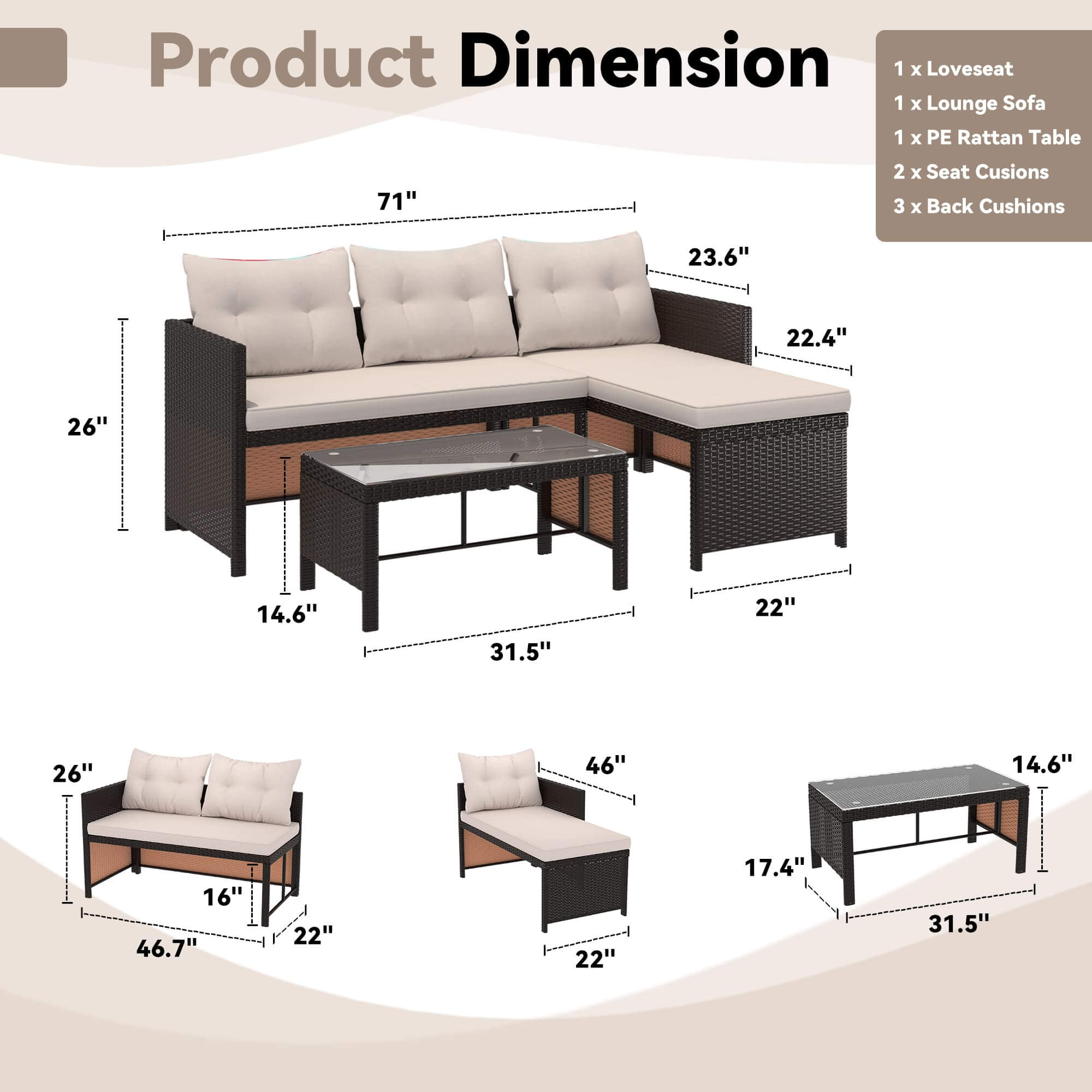HOMREST 3 Piece Outdoor Patio Furniture Set, All-Weather PE Rattan Sofa Set with Glass Table & Cushions, Khaki
