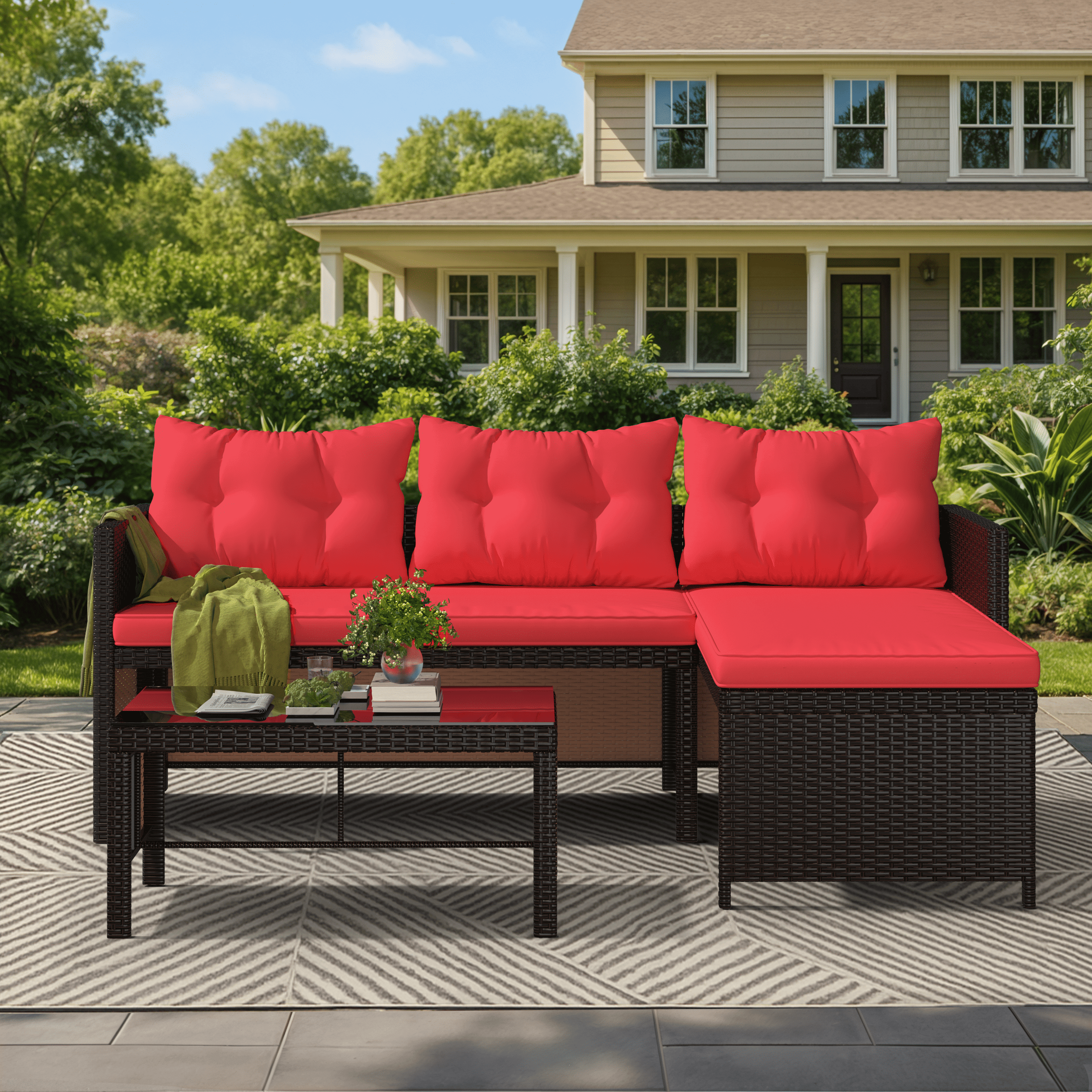 HOMREST 3 Piece Outdoor Patio Furniture Set, All-Weather PE Rattan Sofa Set with Glass Table & Cushions, Red