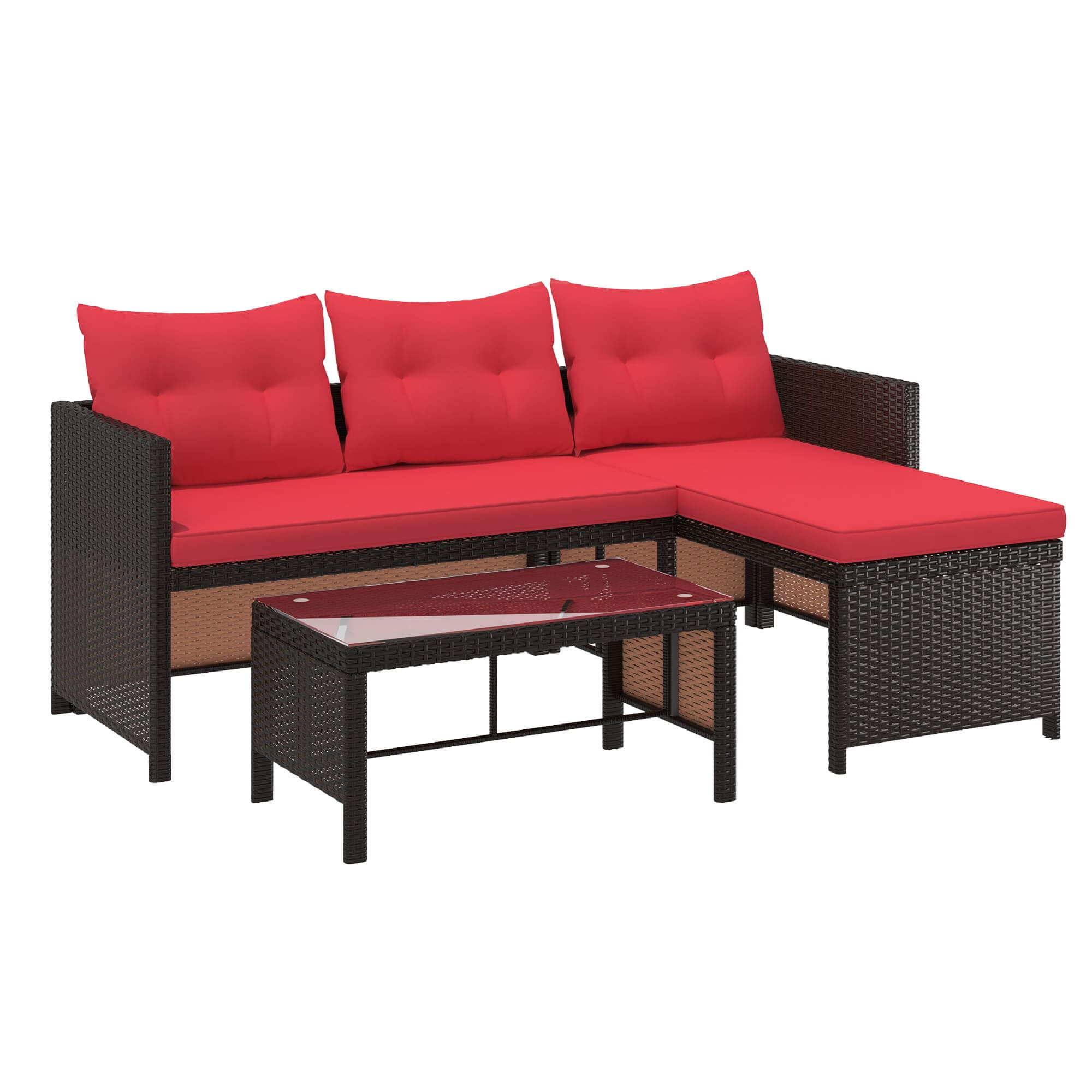 HOMREST 3 Piece Outdoor Patio Furniture Set, All-Weather PE Rattan Sofa Set with Glass Table & Cushions, Red