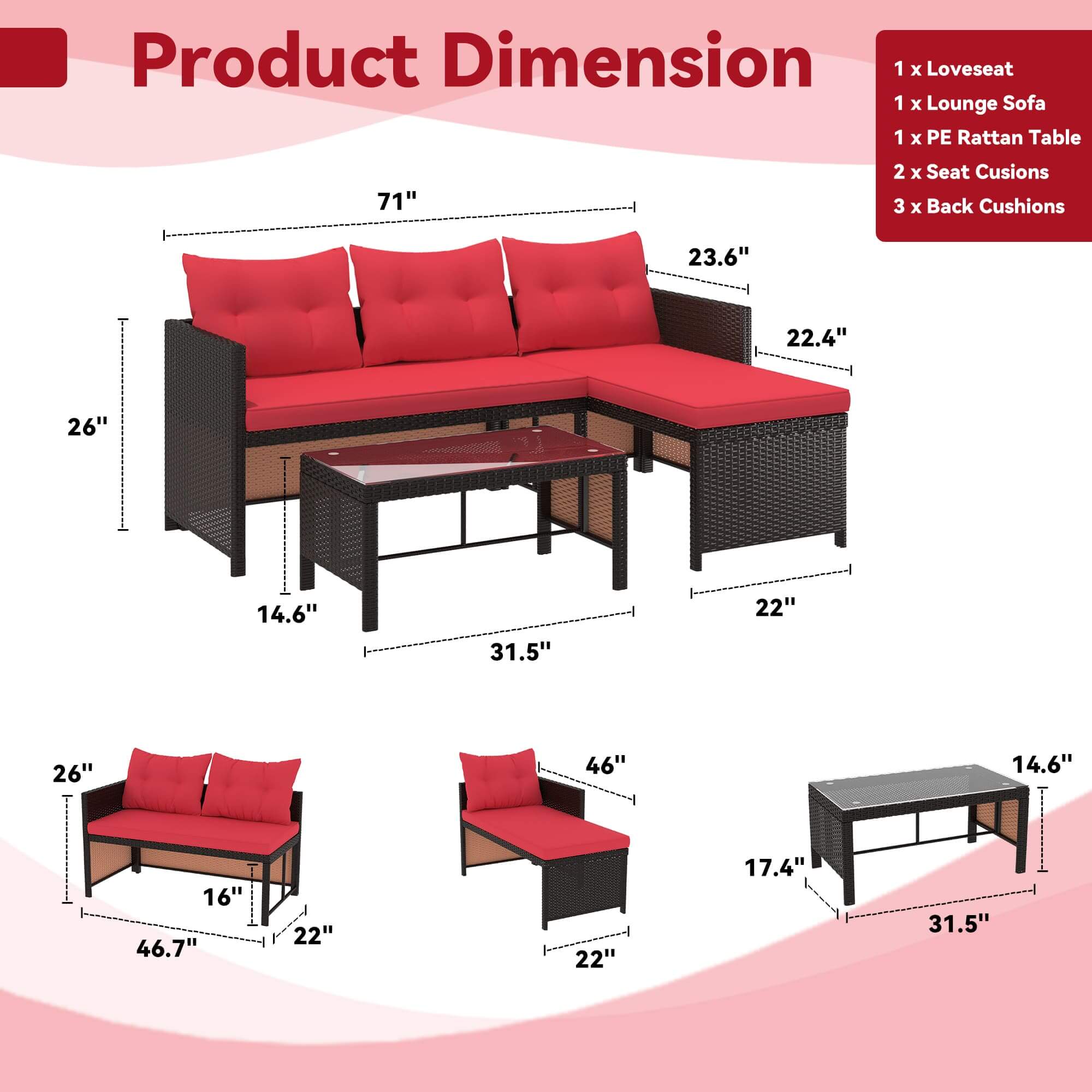 HOMREST 3 Piece Outdoor Patio Furniture Set, All-Weather PE Rattan Sofa Set with Glass Table & Cushions, Red