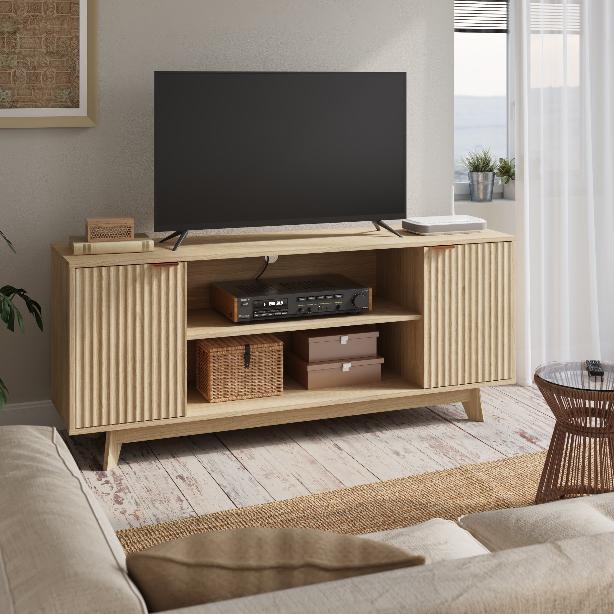 HOMREST Large TV Table with Fluted Door Cabinets and Open Shelves, TV Stand for Living Room, Bedroom, Dining Room