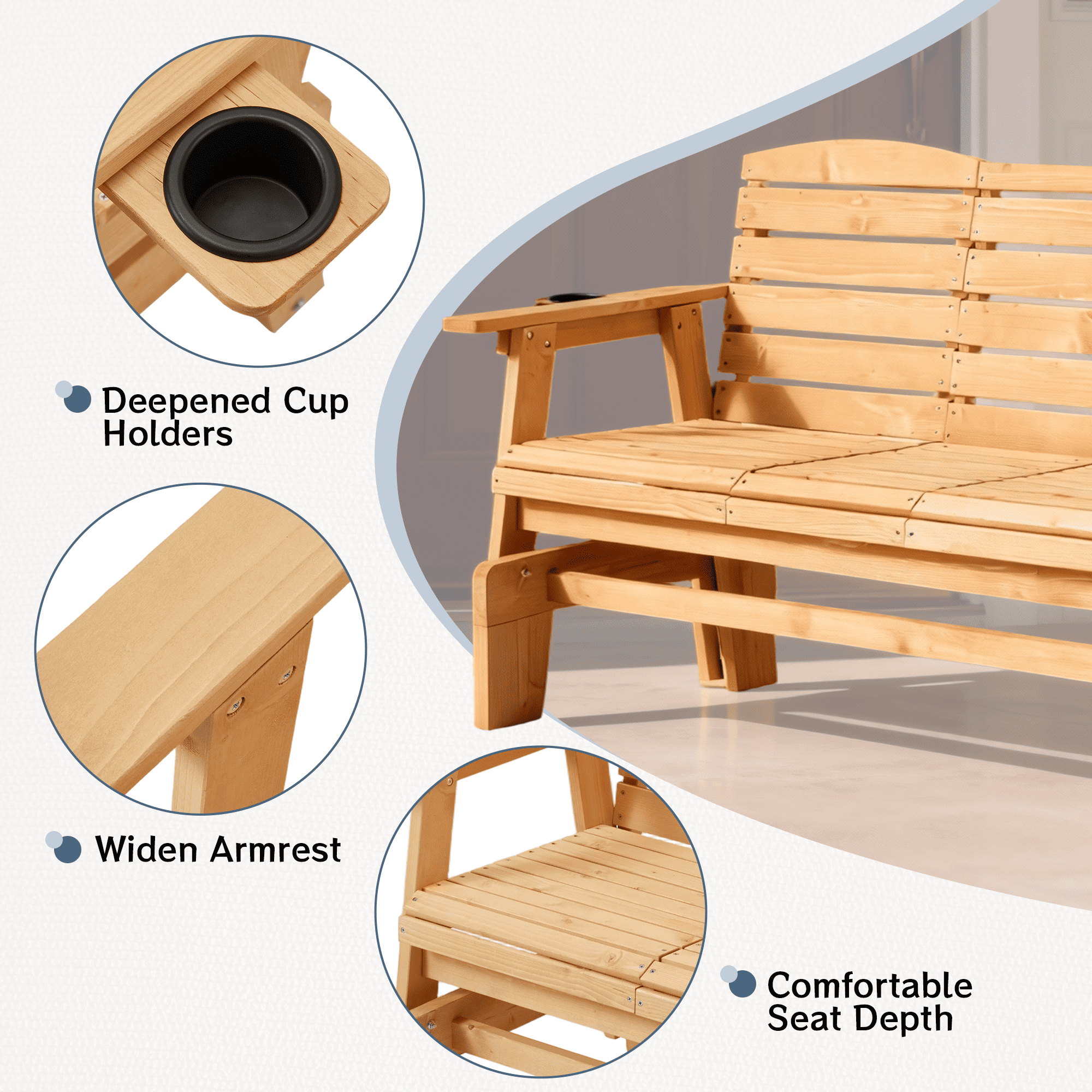 HOMREST Outdoor Glider Chair with Cup Holders, Garden and Park Chair, All-Weather Porch Glider Bench