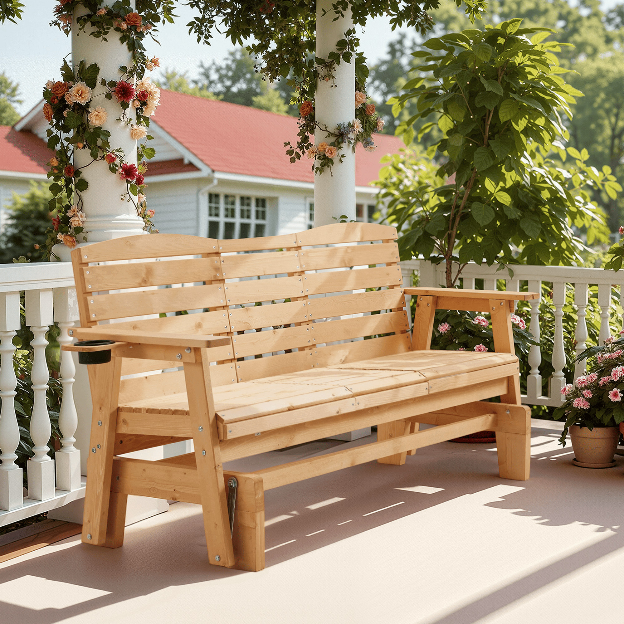 HOMREST Outdoor Glider Chair with Cup Holders, Garden and Park Chair, All-Weather Porch Glider Bench