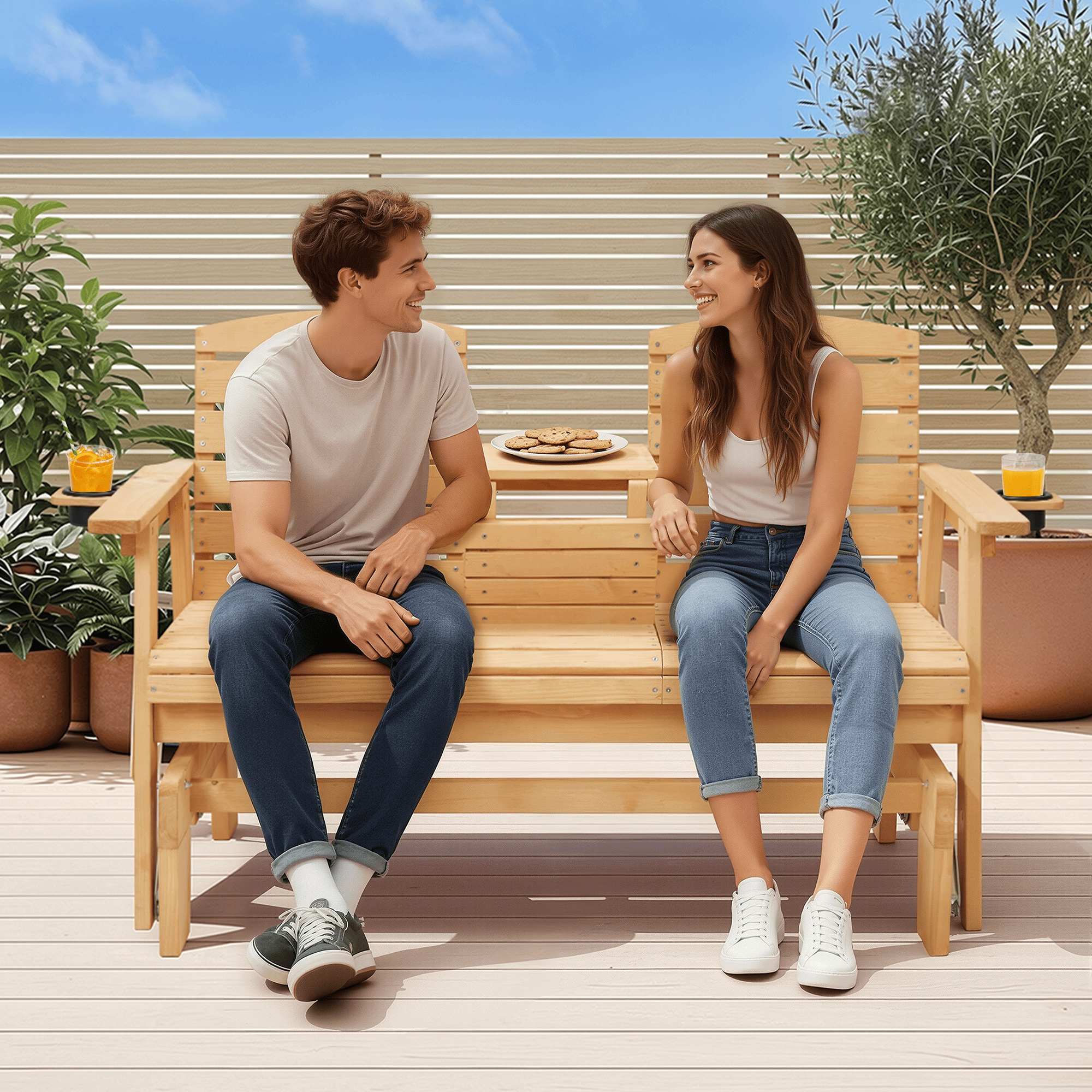 HOMREST Outdoor Glider Chair with Cup Holders, Garden and Park Chair, All-Weather Porch Glider Bench