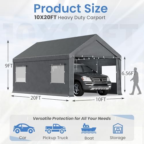 HOMREST 10x20 gray carport dimensions and supported vehicle uses