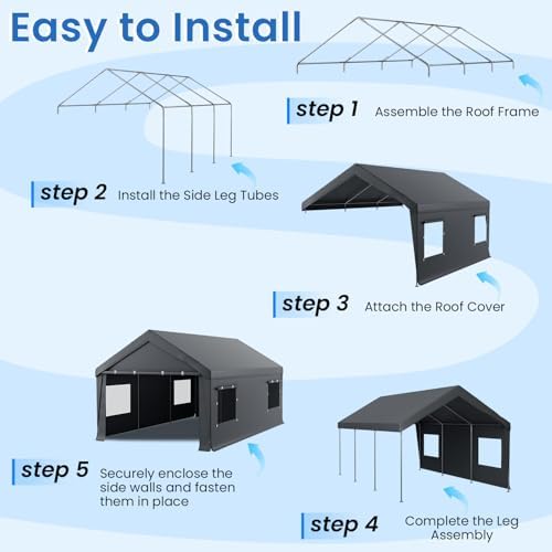 HOMREST 10x20 gray carport five-step frame and cover installation guide