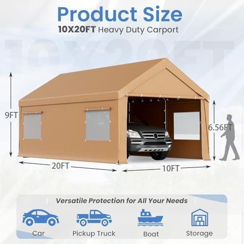 HOMREST 10x20 yellow carport dimensions and supported vehicle uses