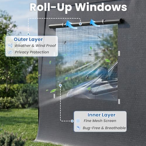 HOMREST gray carport roll-up mesh window and privacy panel layers