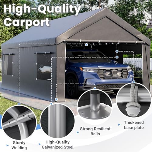 HOMREST gray carport galvanized frame and anchoring hardware details