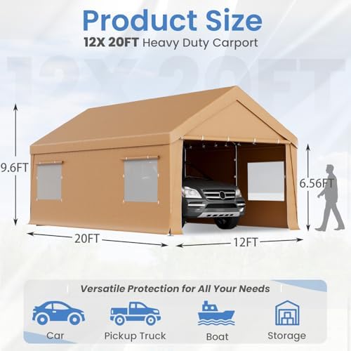 HOMREST 12x20 yellow carport dimensions and supported vehicle uses