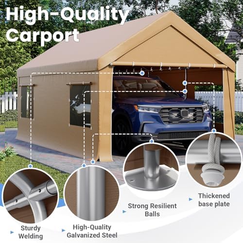 HOMREST yellow carport galvanized frame and anchoring hardware details