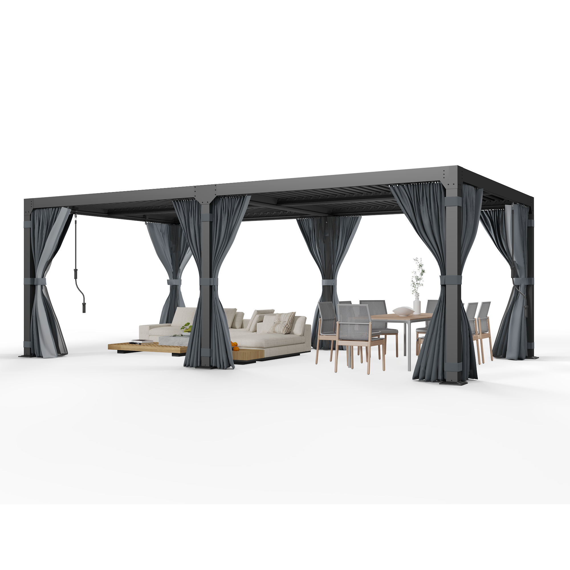 HOMREST Louvered Pergola 10x20 Outdoor Hard Top Pergola with Aluminum Frame, Curtains and Netting Included, Gray-Black