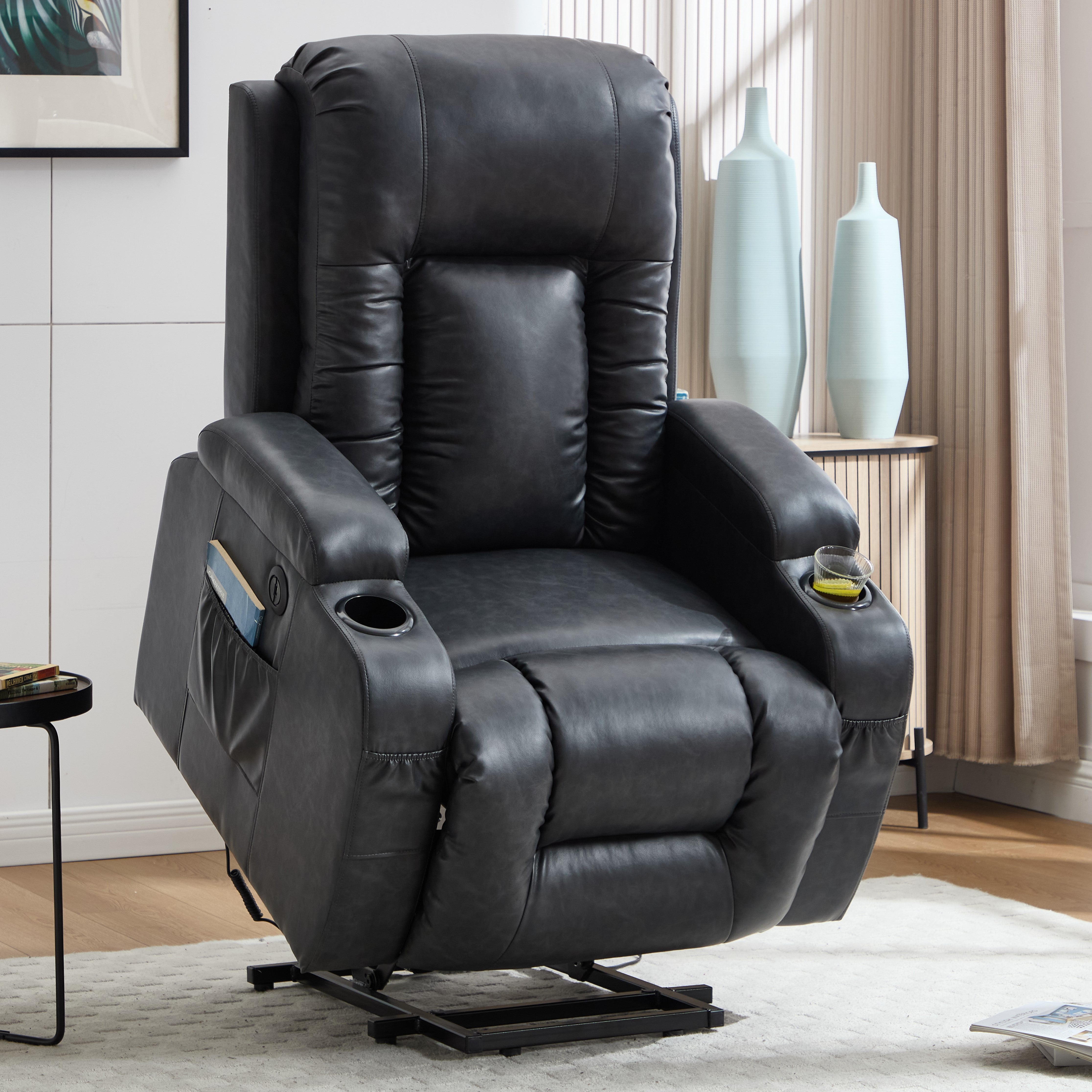 HOMREST PU Infinite Position Power Lift Recliner Chair for Elderly, 8-Point Massage & Heating, Gray